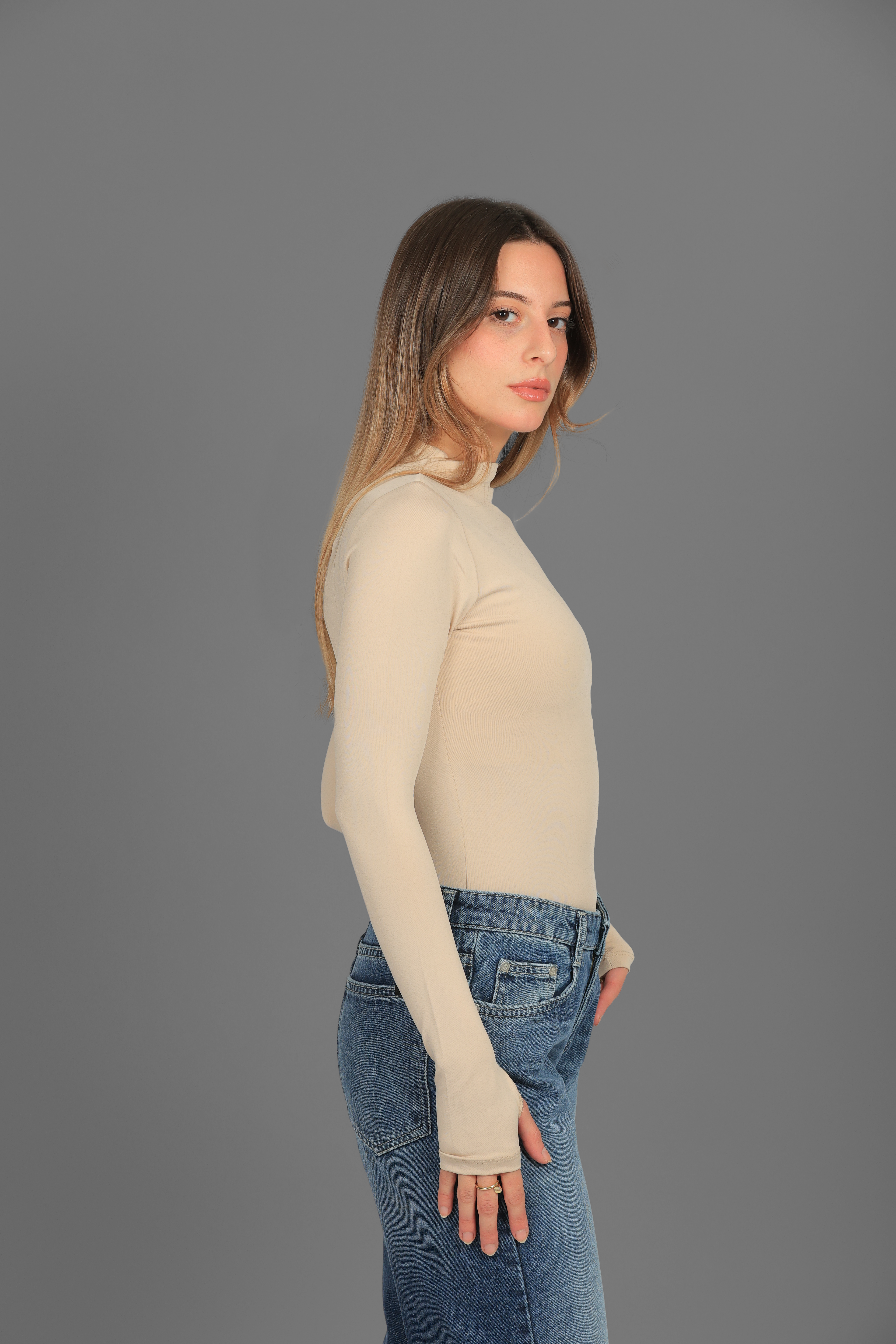 Women’s Beige Turtleneck Long Sleeve Top with Thumbhole – Lightweight Soft Stretch Basic, Made in Egypt
