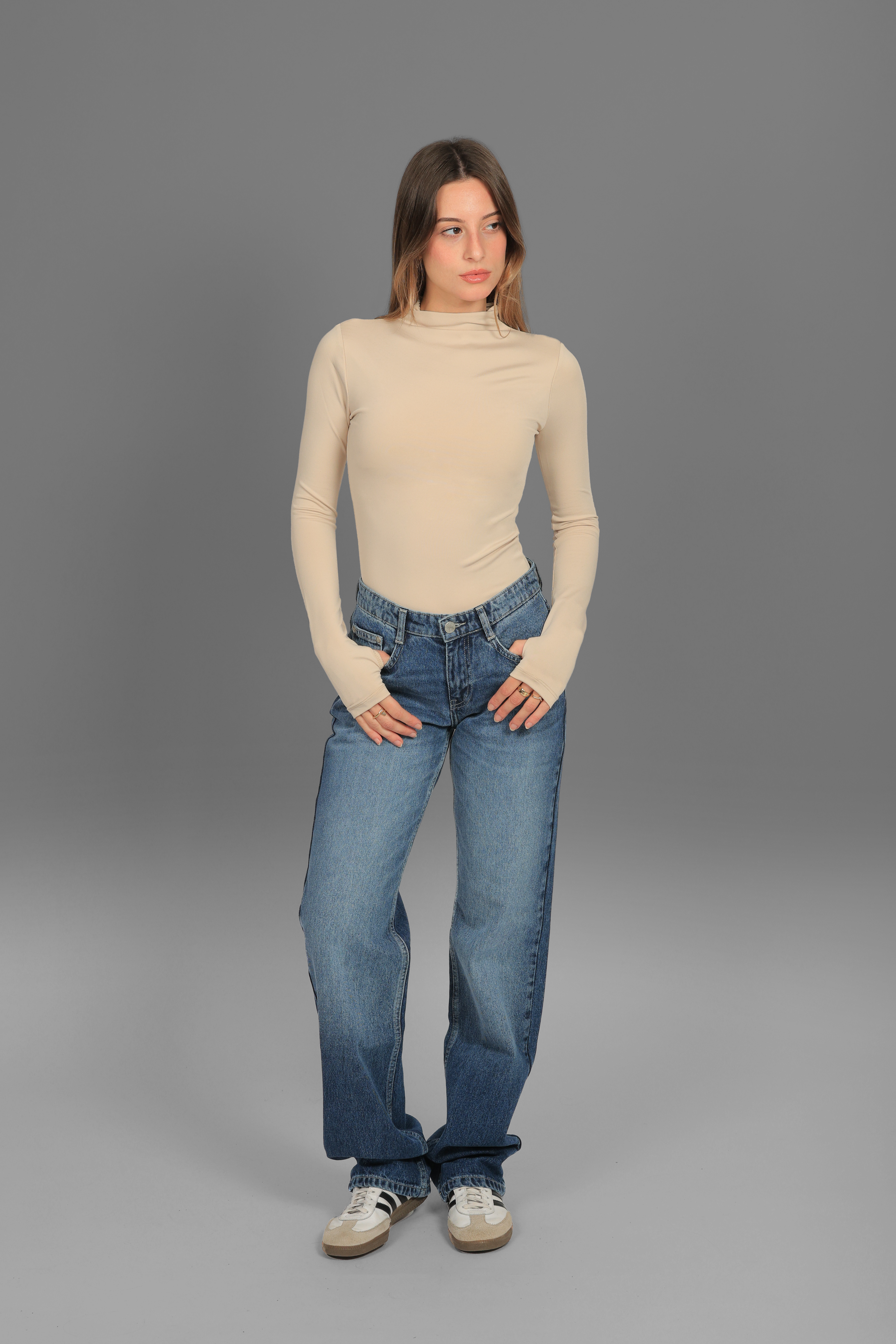 Women’s Beige Turtleneck Long Sleeve Top with Thumbhole – Lightweight Soft Stretch Basic, Made in Egypt