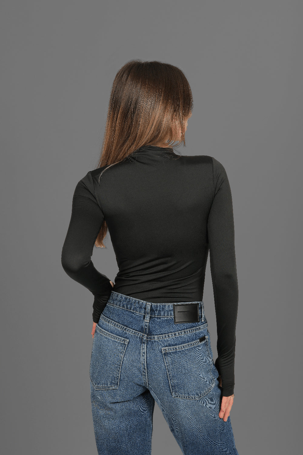 Women’s Black Turtleneck Long Sleeve Top with Thumbhole – Lightweight Soft Stretch Basic, Made in Egypt