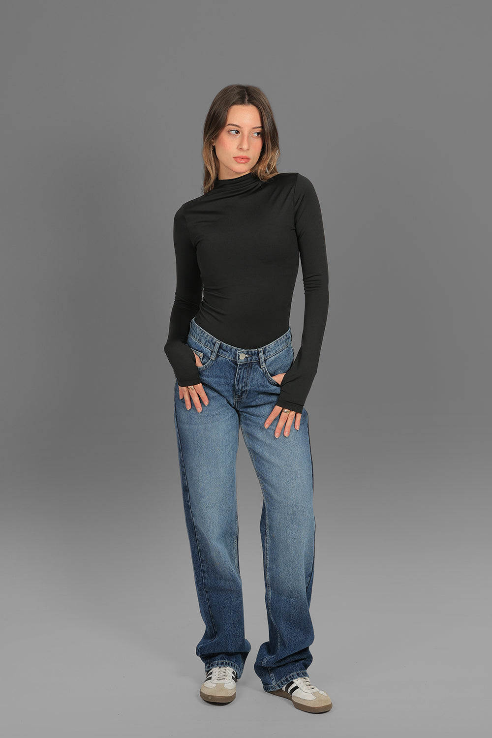 Women’s Black Turtleneck Long Sleeve Top with Thumbhole – Lightweight Soft Stretch Basic, Made in Egypt