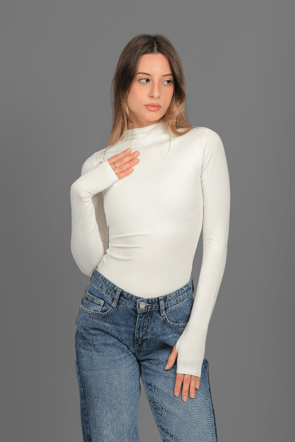 Women’s Off-White Turtleneck Long Sleeve Top with Thumbhole – Lightweight Soft Stretch Basic, Made in Egypt