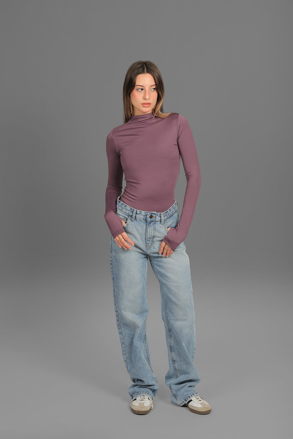 Women’s Purple Turtleneck Long Sleeve Top with Thumbhole – Lightweight Soft Stretch Basic, Made in Egypt
