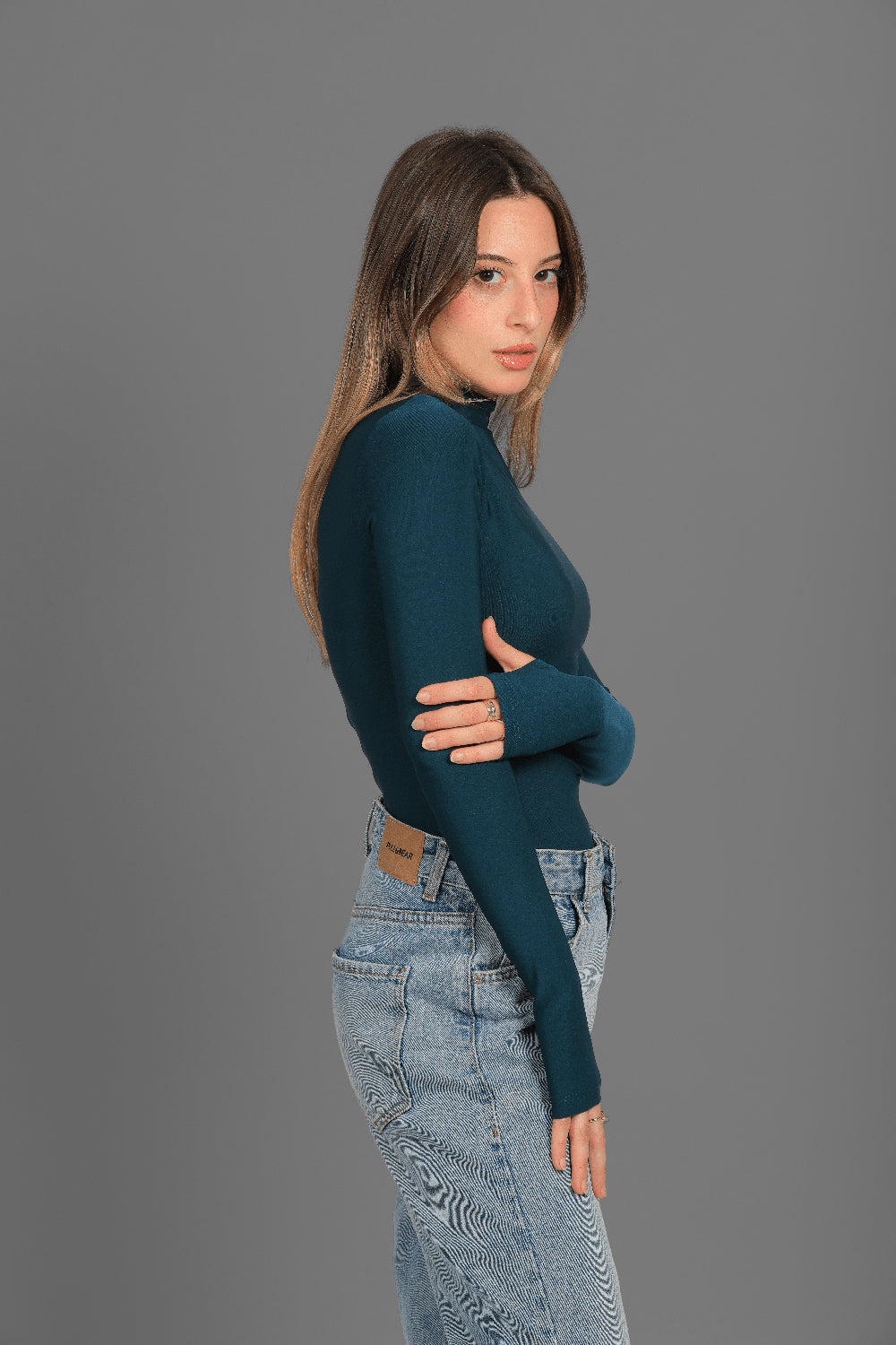 Women’s Teal Turtleneck Long Sleeve Top with Thumbhole – Lightweight Soft Stretch Basic, Made in Egypt