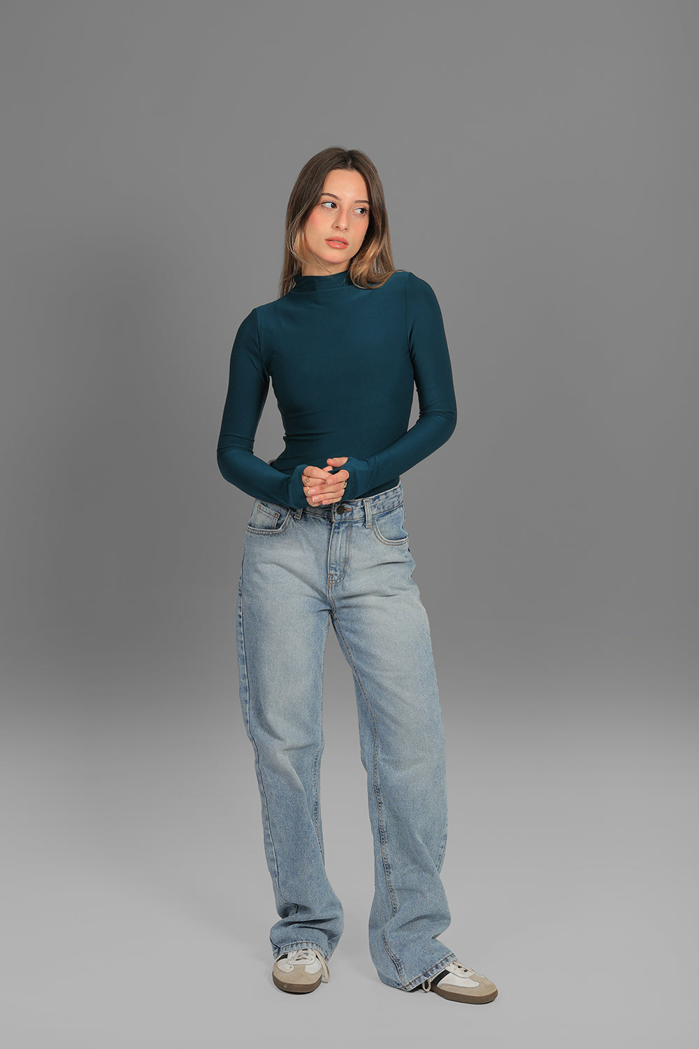 Women’s Teal Turtleneck Long Sleeve Top with Thumbhole – Lightweight Soft Stretch Basic, Made in Egypt