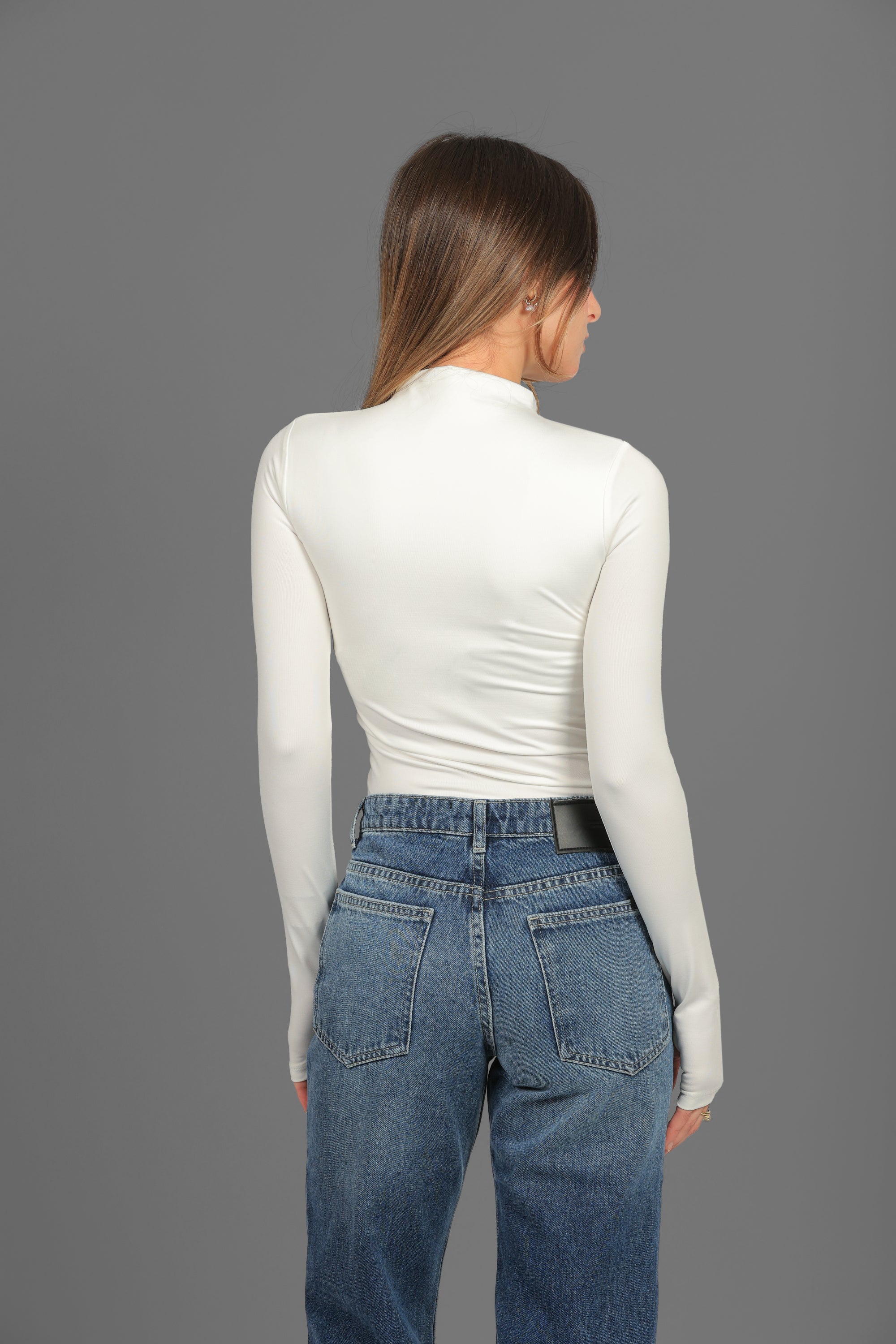 Women’s Off-White Turtleneck Long Sleeve Top with Thumbhole – Lightweight Soft Stretch Basic, Made in Egypt