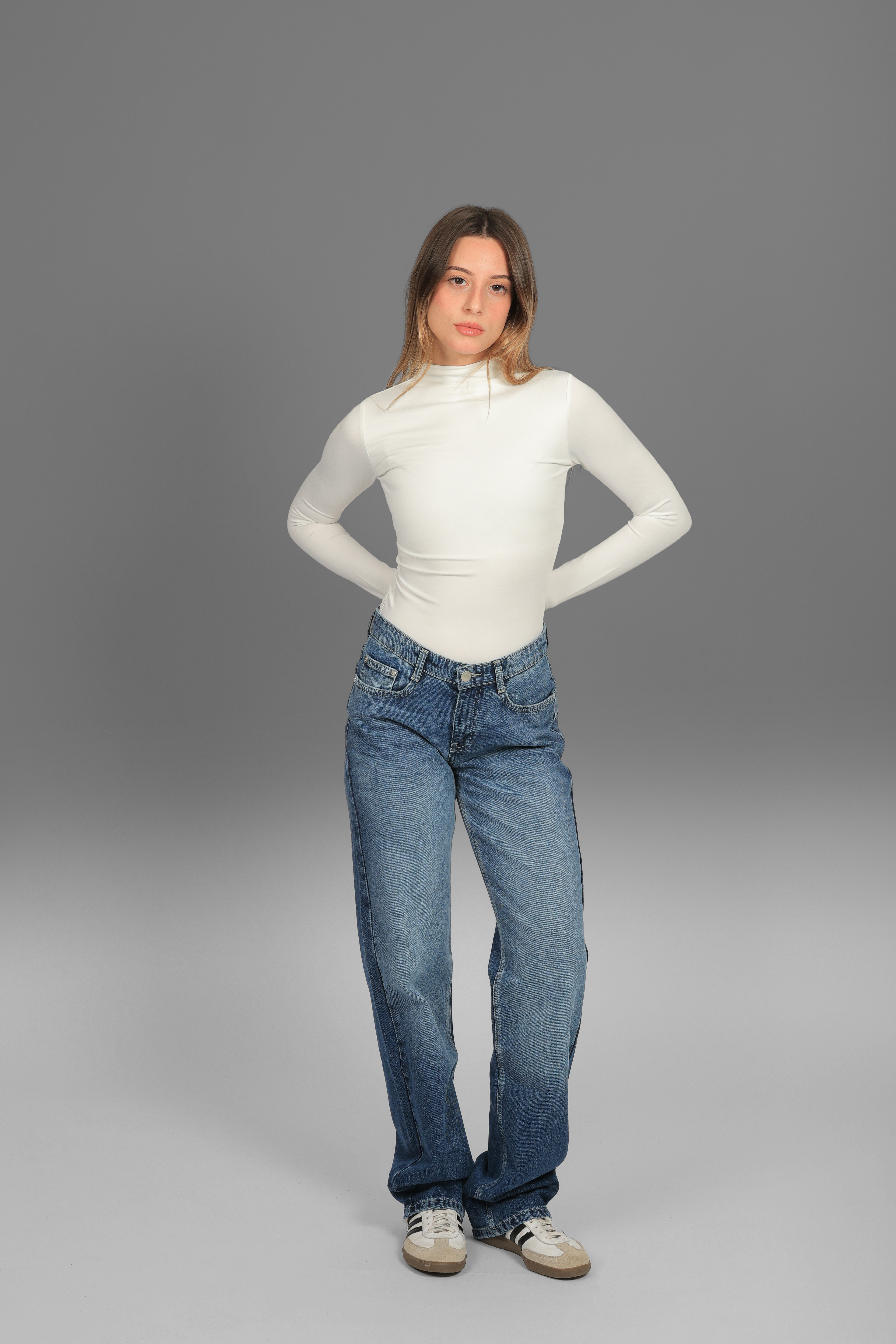 Women’s Off-White Turtleneck Long Sleeve Top with Thumbhole – Lightweight Soft Stretch Basic, Made in Egypt