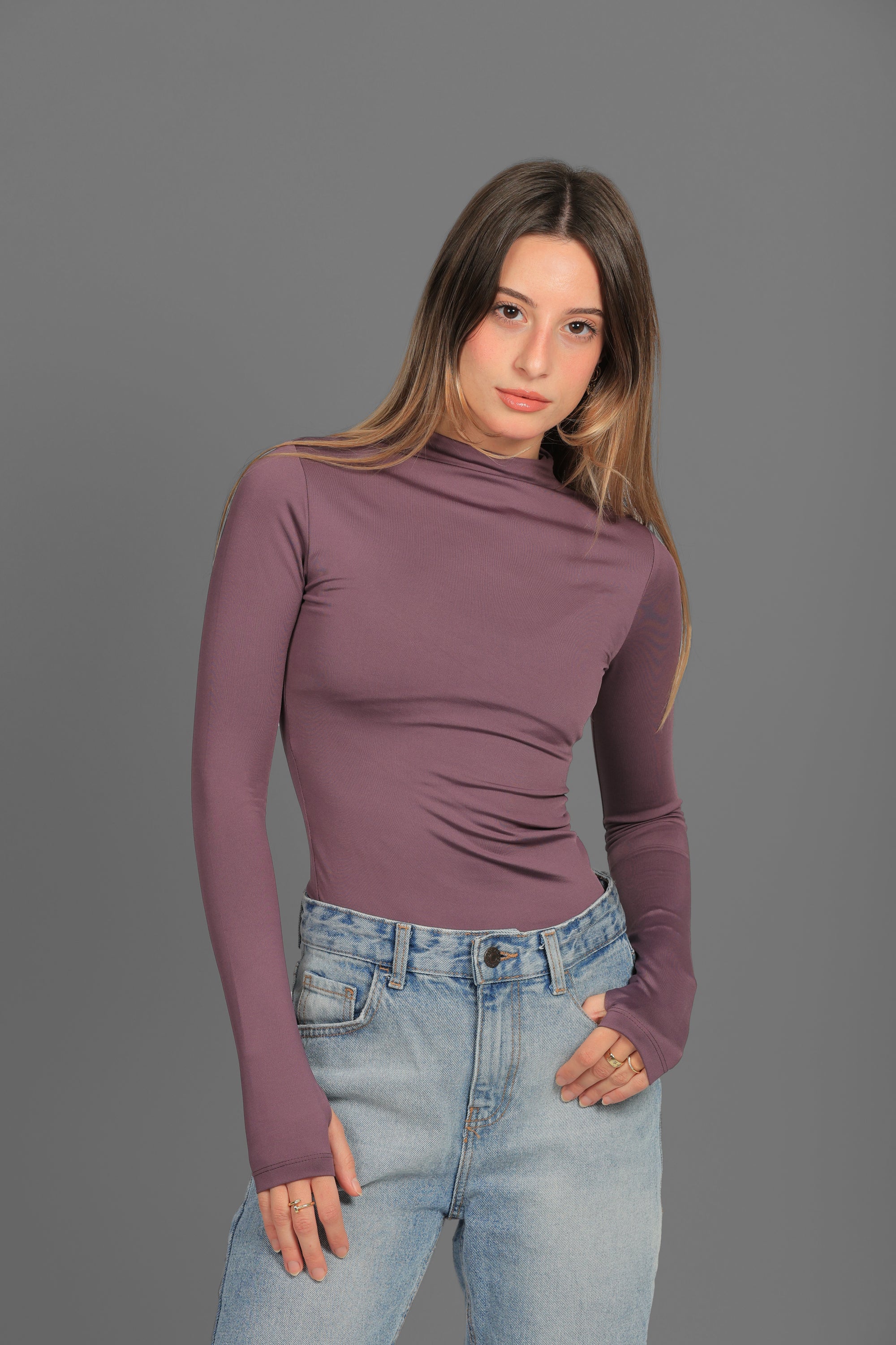 Women’s Purple Turtleneck Long Sleeve Top with Thumbhole – Lightweight Soft Stretch Basic, Made in Egypt