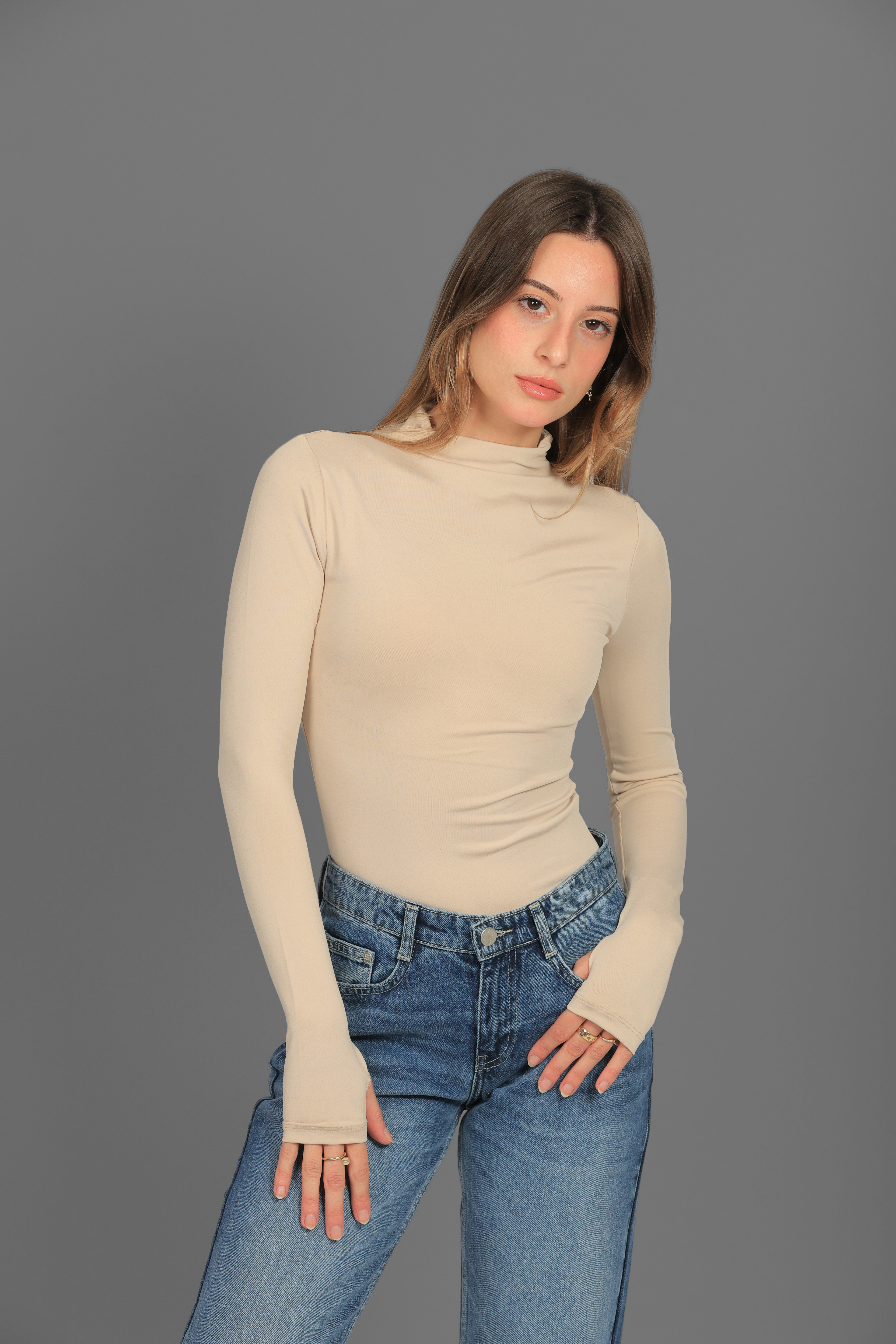Women’s Beige Turtleneck Long Sleeve Top with Thumbhole – Lightweight Soft Stretch Basic, Made in Egypt