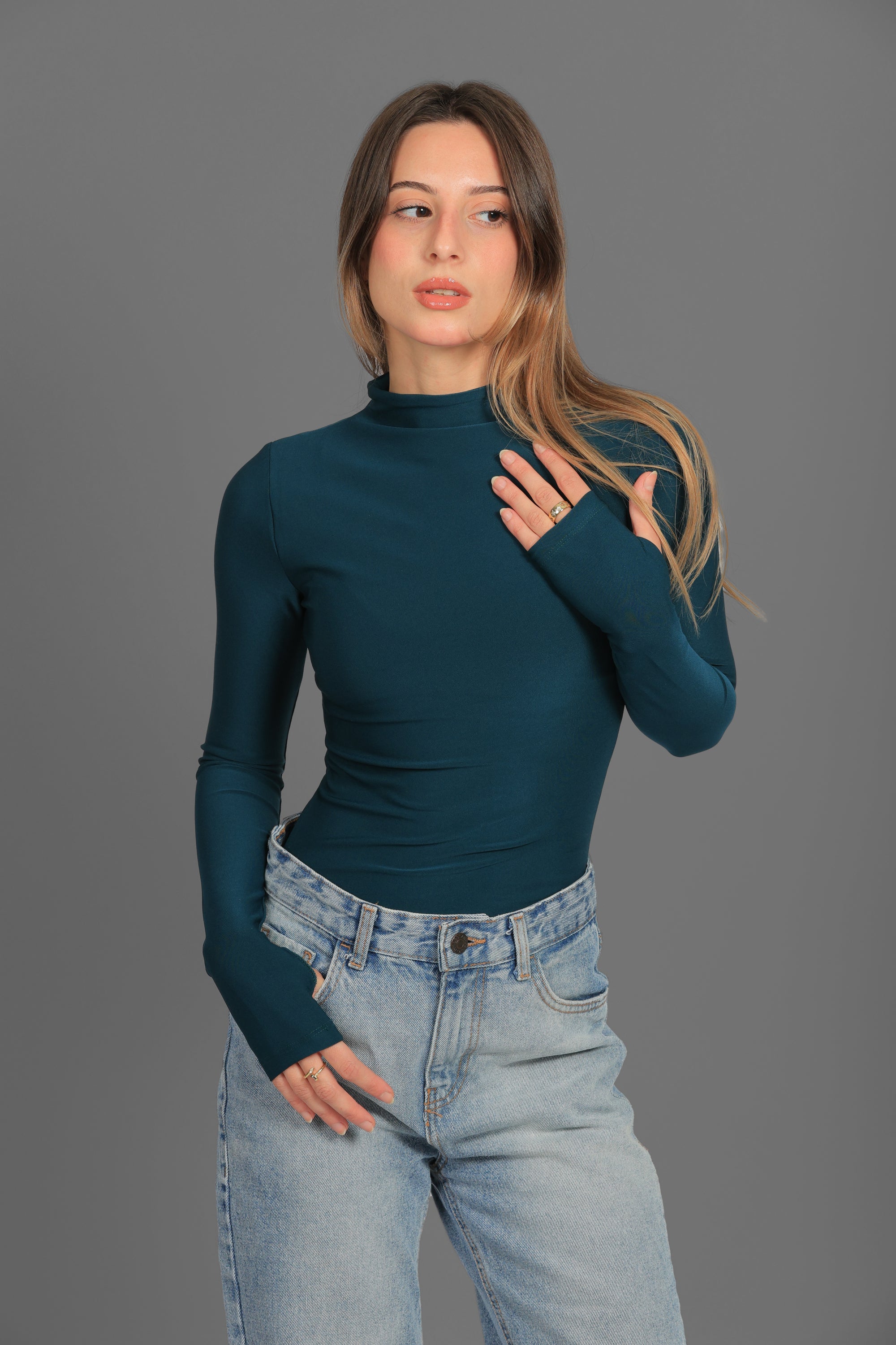 Women’s Teal Turtleneck Long Sleeve Top with Thumbhole – Lightweight Soft Stretch Basic, Made in Egypt