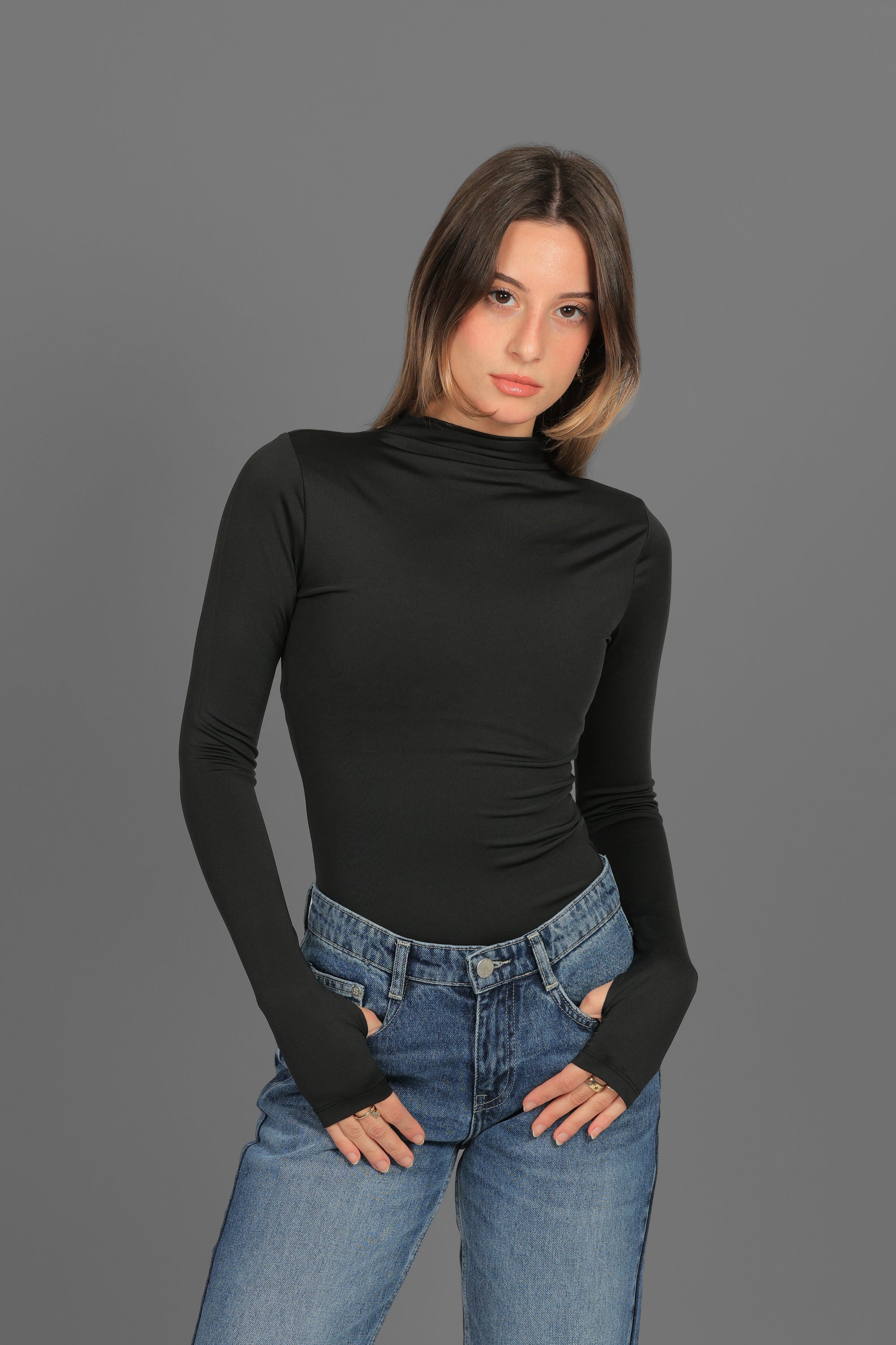 Women’s Black Turtleneck Long Sleeve Top with Thumbhole – Lightweight Soft Stretch Basic, Made in Egypt