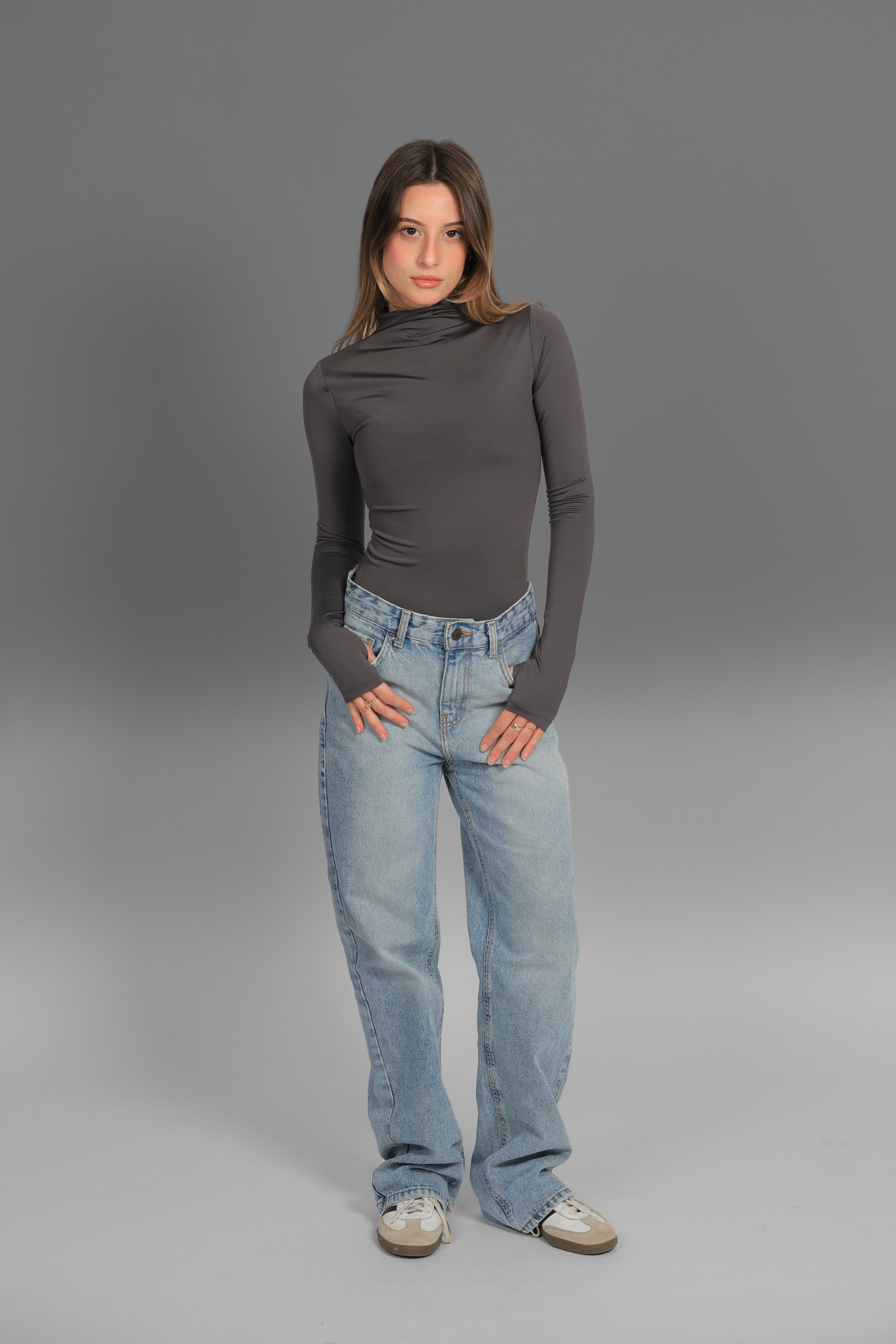 Women’s Charcoal Turtleneck Long Sleeve Top with Thumbhole – Lightweight Soft Stretch Basic, Made in Egypt