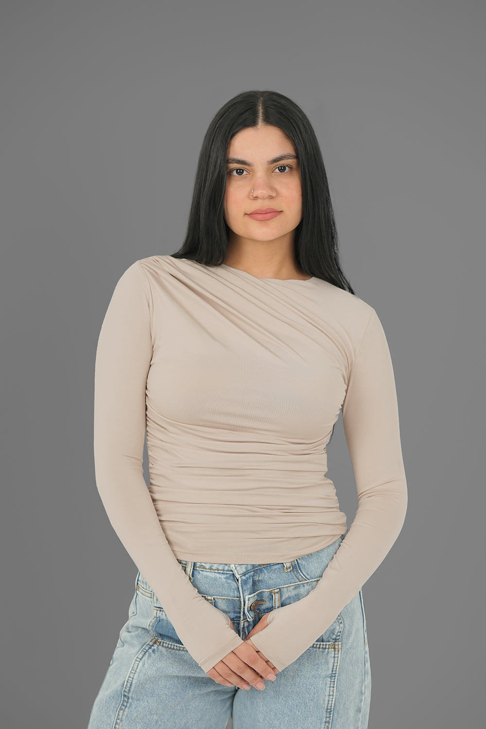 Women’s Beige Draped Long Sleeve Top with Thumbhole – Lightweight Soft Stretch Basic, Made in Egypt