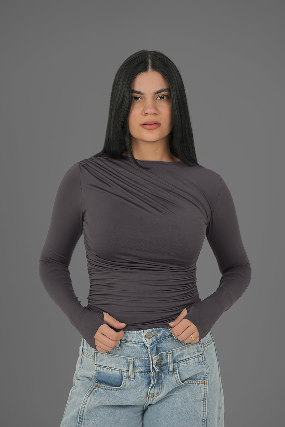 Women’s Charcoal Draped Long Sleeve Top with Thumbhole – Lightweight Soft Stretch Basic, Made in Egypt