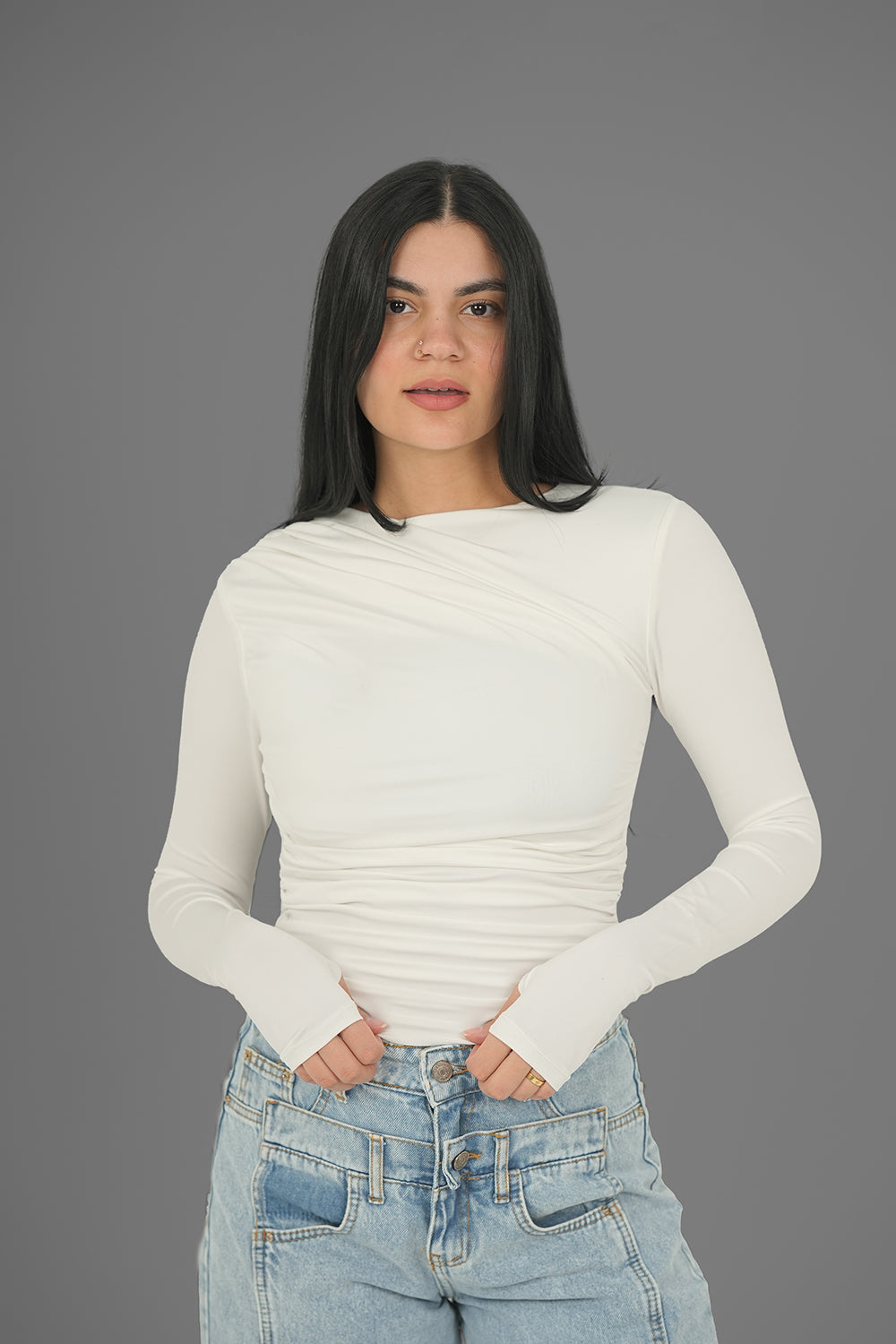 Women’s Off-White Draped Long Sleeve Top with Thumbhole – Lightweight Soft Stretch Basic, Made in Egypt