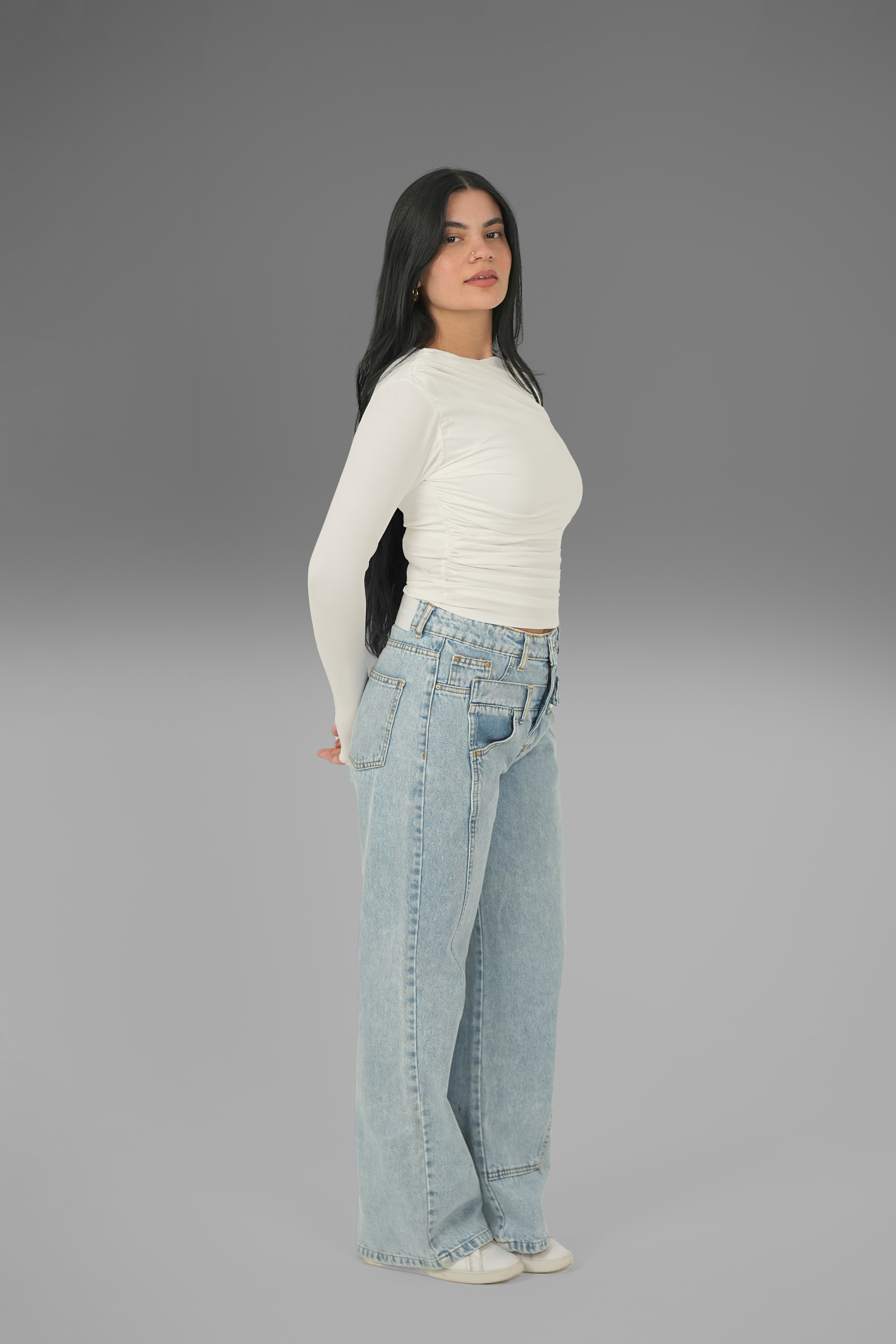 Women’s Off-White Draped Long Sleeve Top with Thumbhole – Lightweight Soft Stretch Basic, Made in Egypt