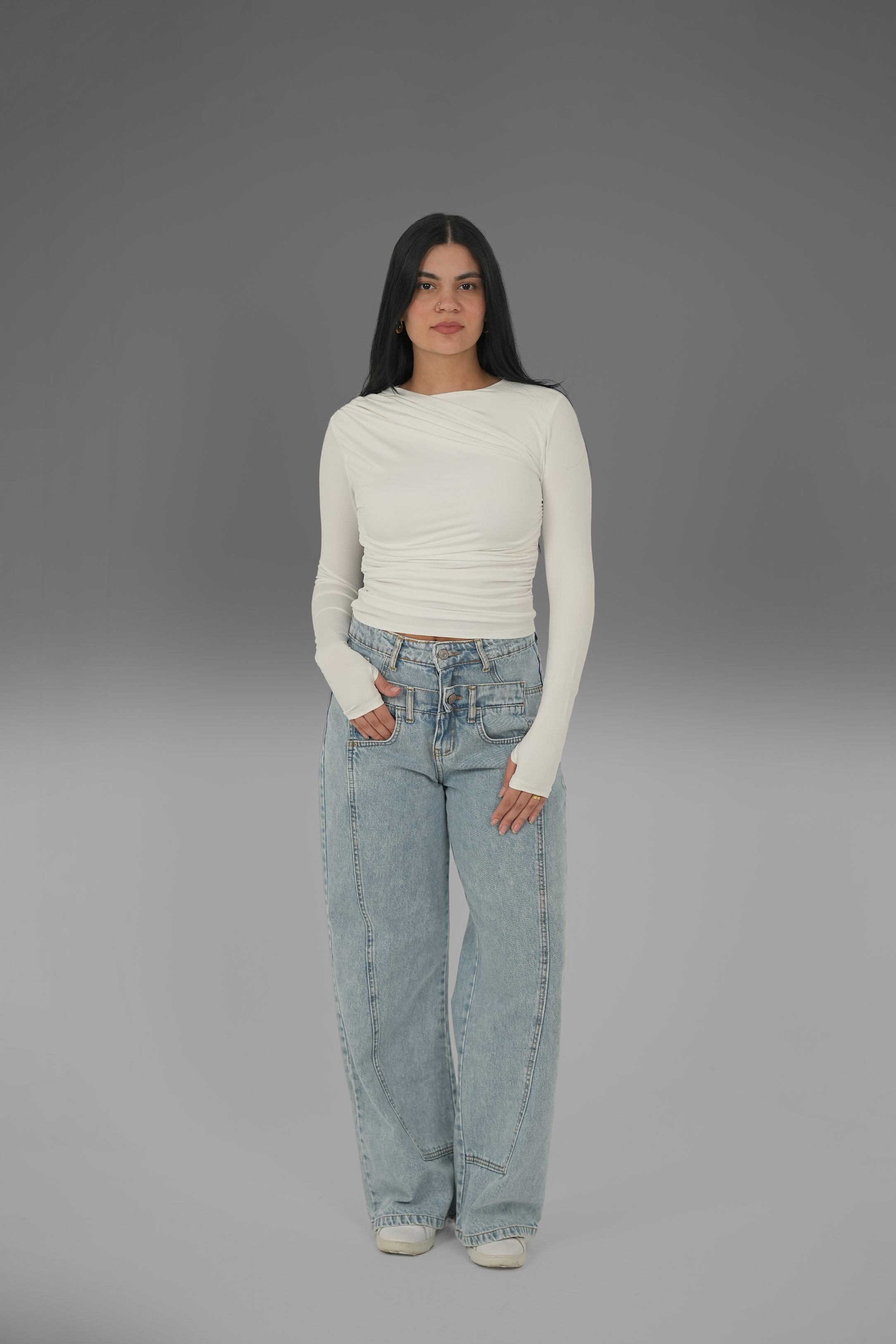 Women’s Off-White Draped Long Sleeve Top with Thumbhole – Lightweight Soft Stretch Basic, Made in Egypt