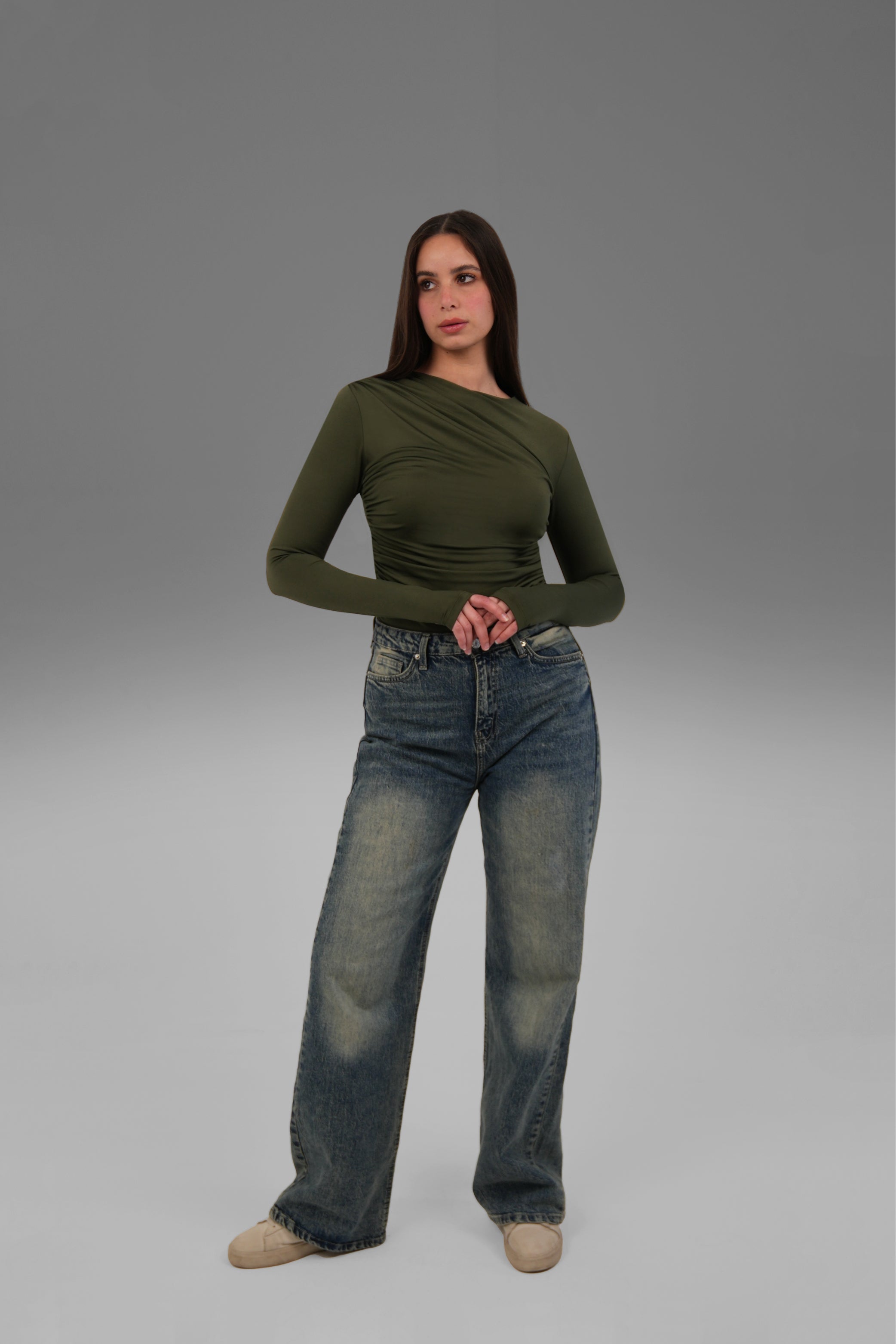 Women’s Olive Draped Long Sleeve Top with Thumbhole – Lightweight Soft Stretch Basic, Made in Egypt