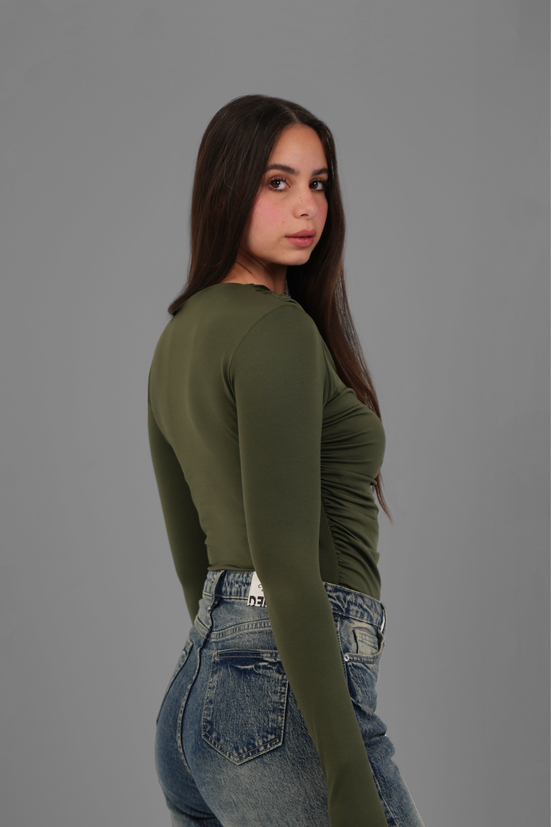 Women’s Olive Draped Long Sleeve Top with Thumbhole – Lightweight Soft Stretch Basic, Made in Egypt