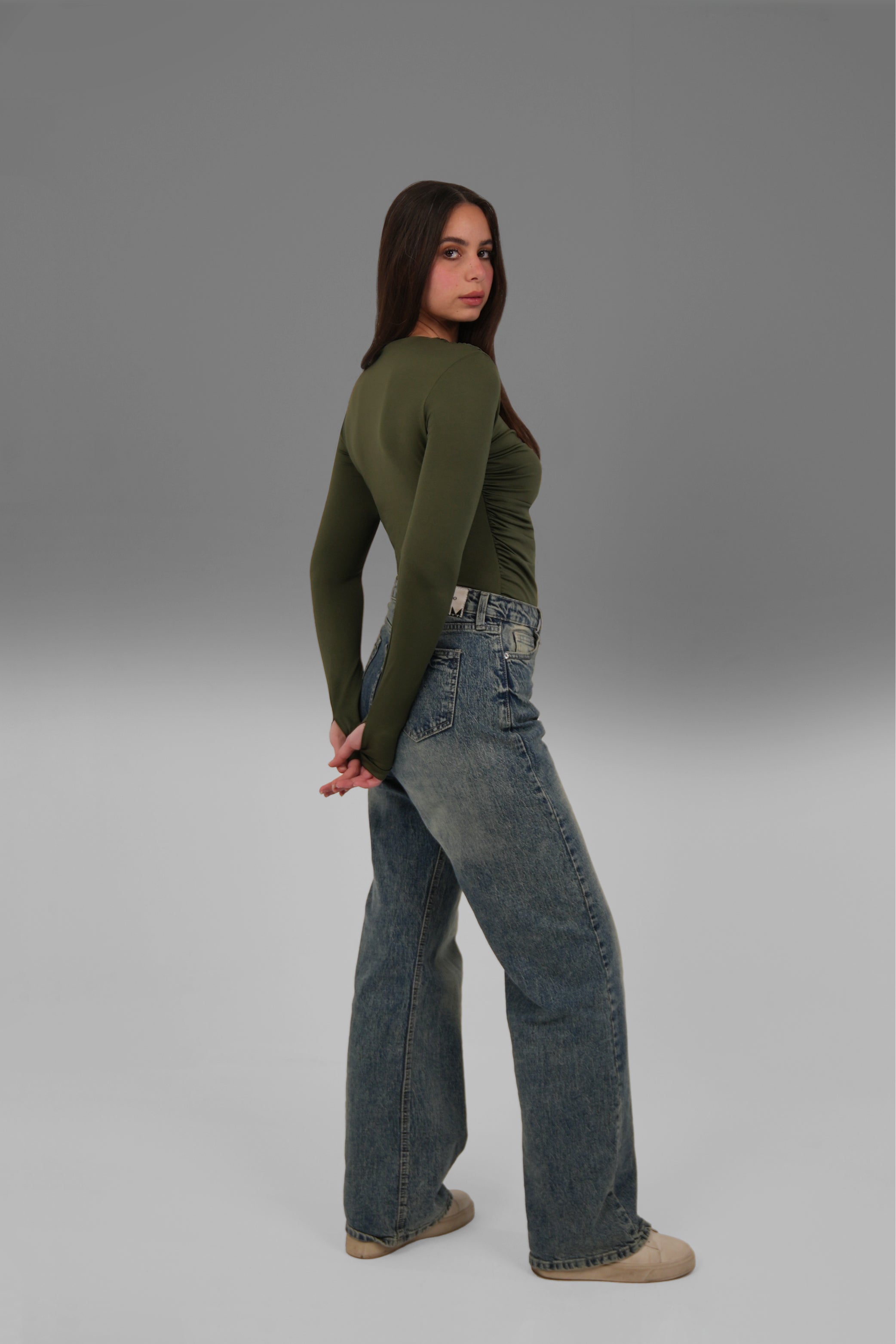 Women’s Olive Draped Long Sleeve Top with Thumbhole – Lightweight Soft Stretch Basic, Made in Egypt
