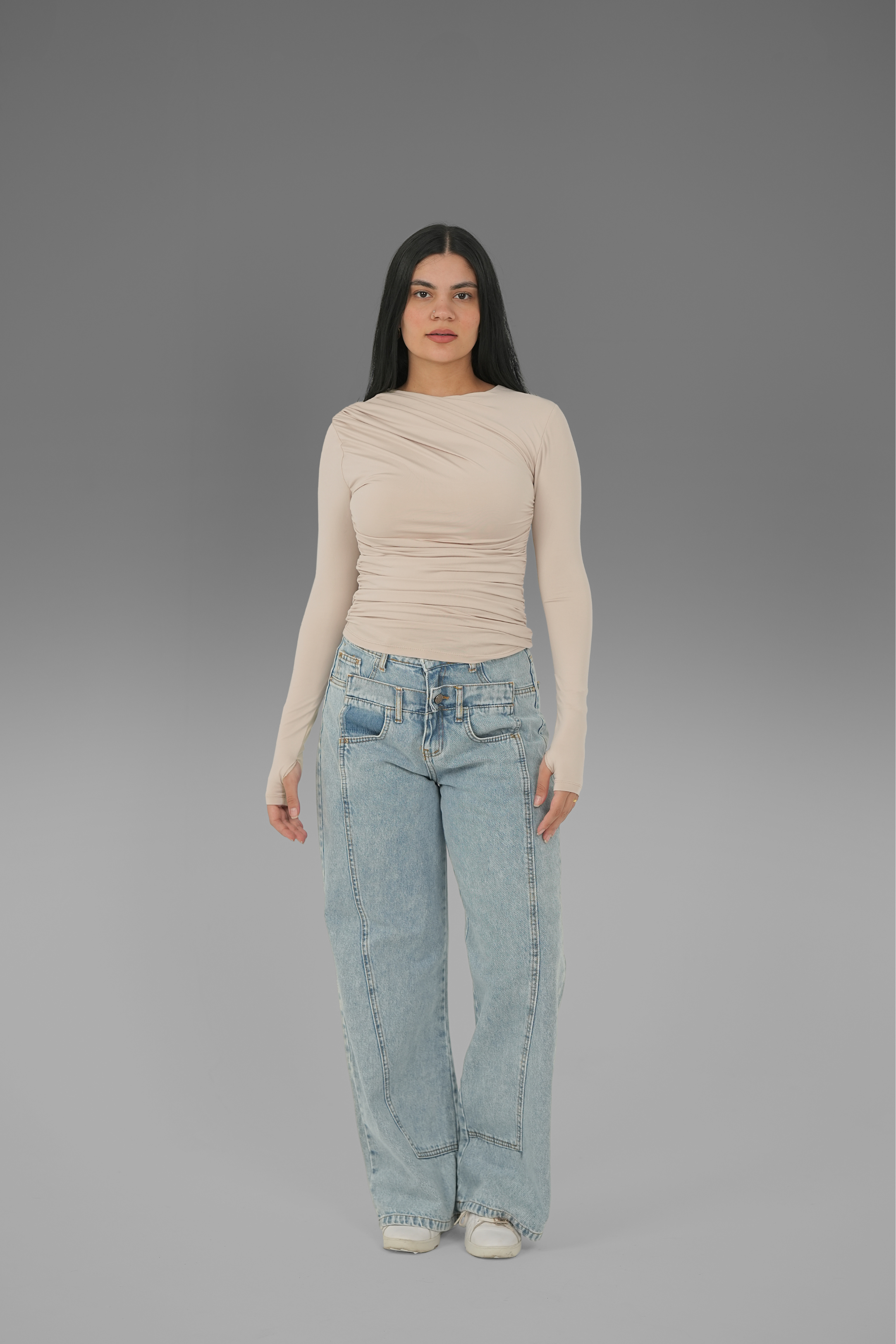 Women’s Beige Draped Long Sleeve Top with Thumbhole – Lightweight Soft Stretch Basic, Made in Egypt