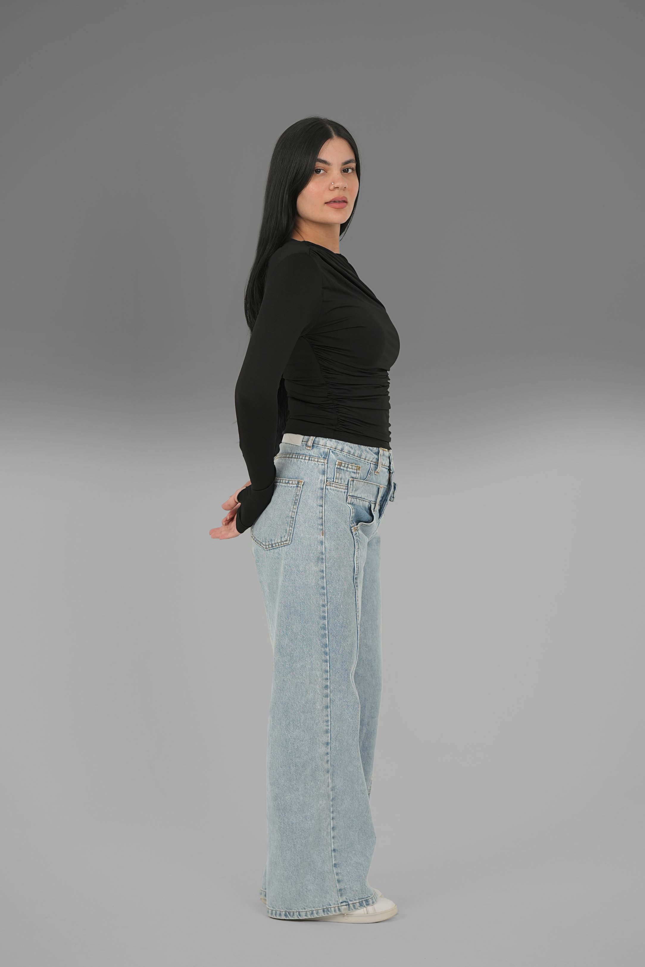 Women’s Black Draped Long Sleeve Top with Thumbhole – Lightweight Soft Stretch Basic, Made in Egypt