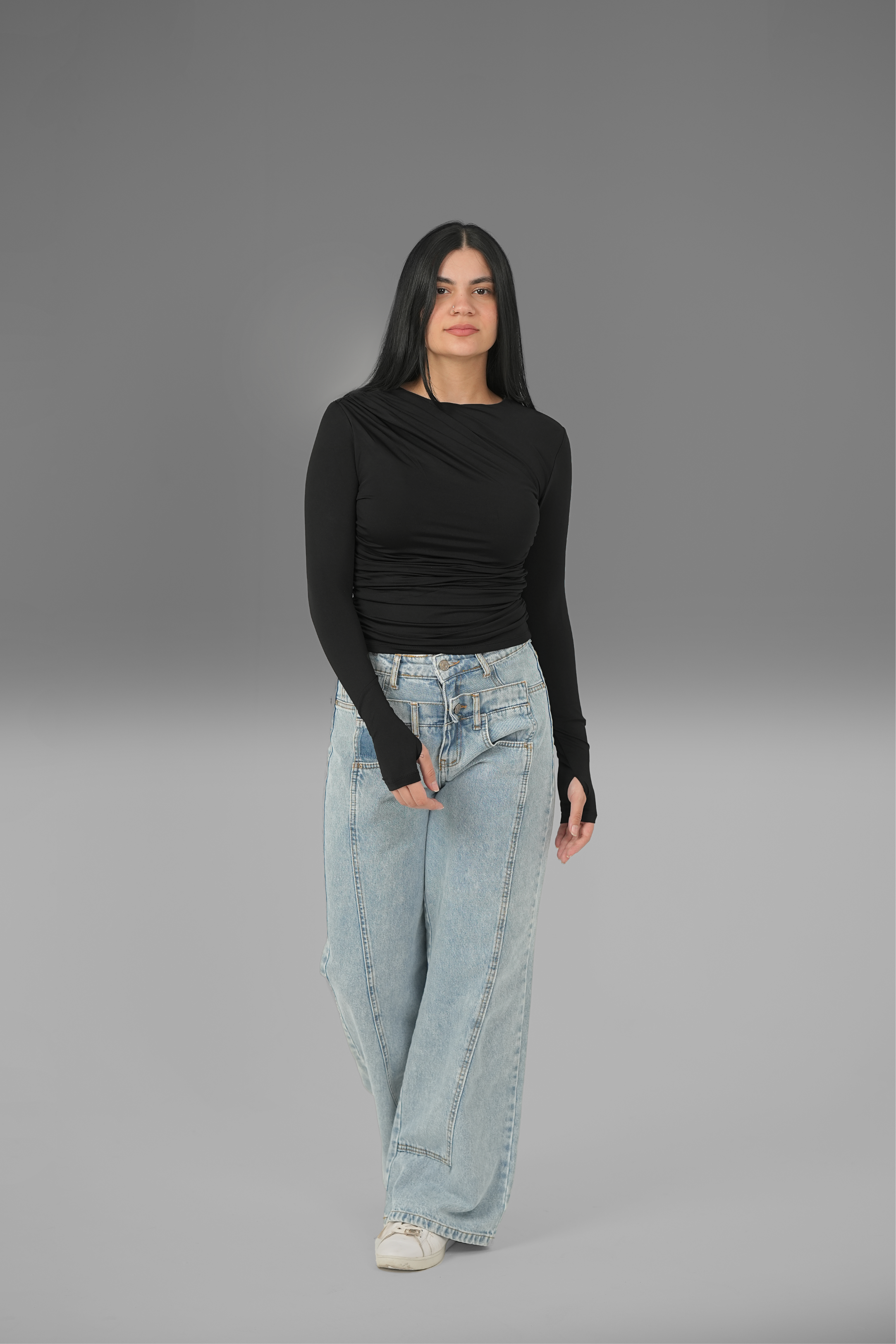 Women’s Black Draped Long Sleeve Top with Thumbhole – Lightweight Soft Stretch Basic, Made in Egypt