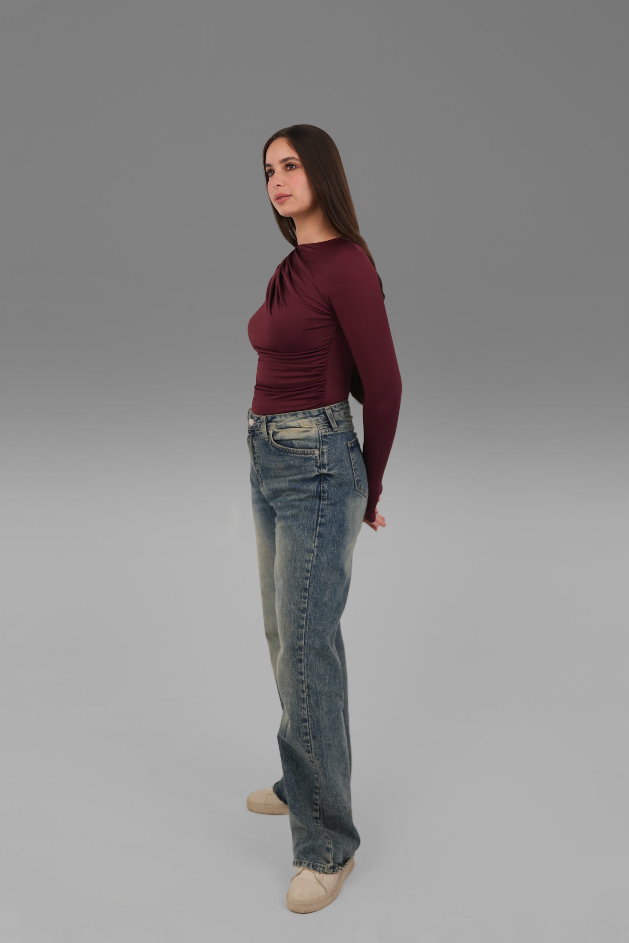 Women’s Burgundy Draped Long Sleeve Top with Thumbhole – Lightweight Soft Stretch Basic, Made in Egypt
