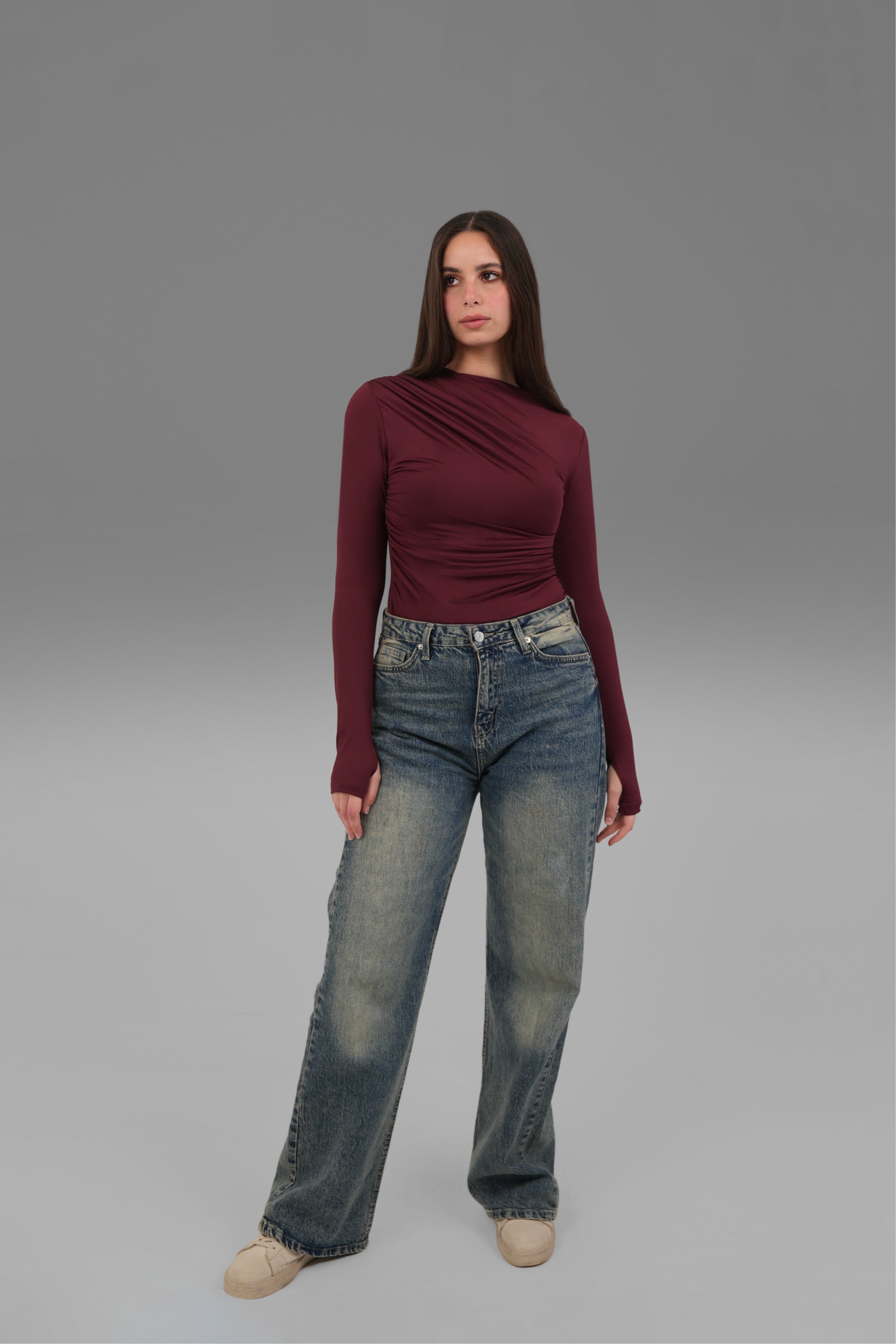 Women’s Burgundy Draped Long Sleeve Top with Thumbhole – Lightweight Soft Stretch Basic, Made in Egypt
