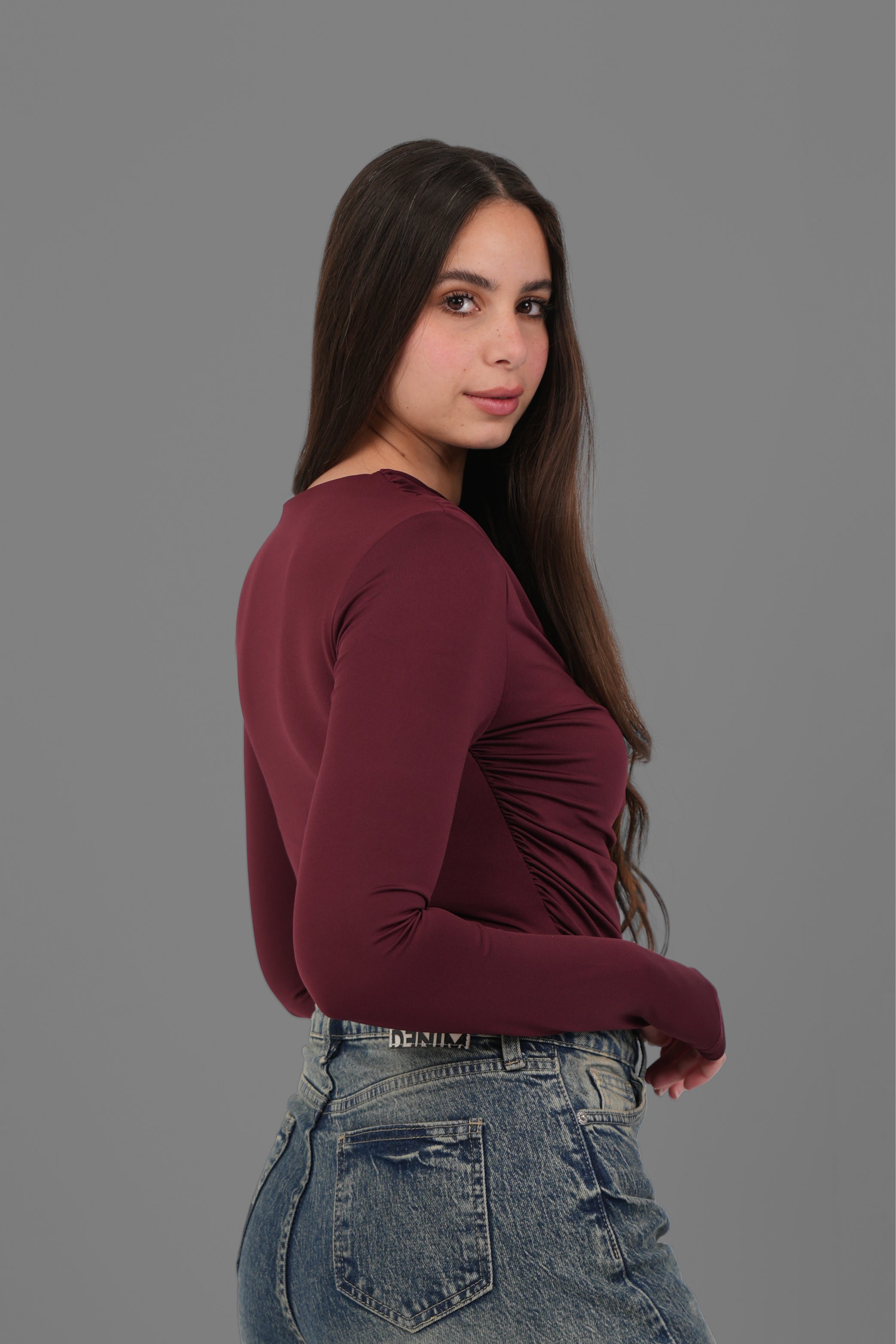 Women’s Burgundy Draped Long Sleeve Top with Thumbhole – Lightweight Soft Stretch Basic, Made in Egypt

