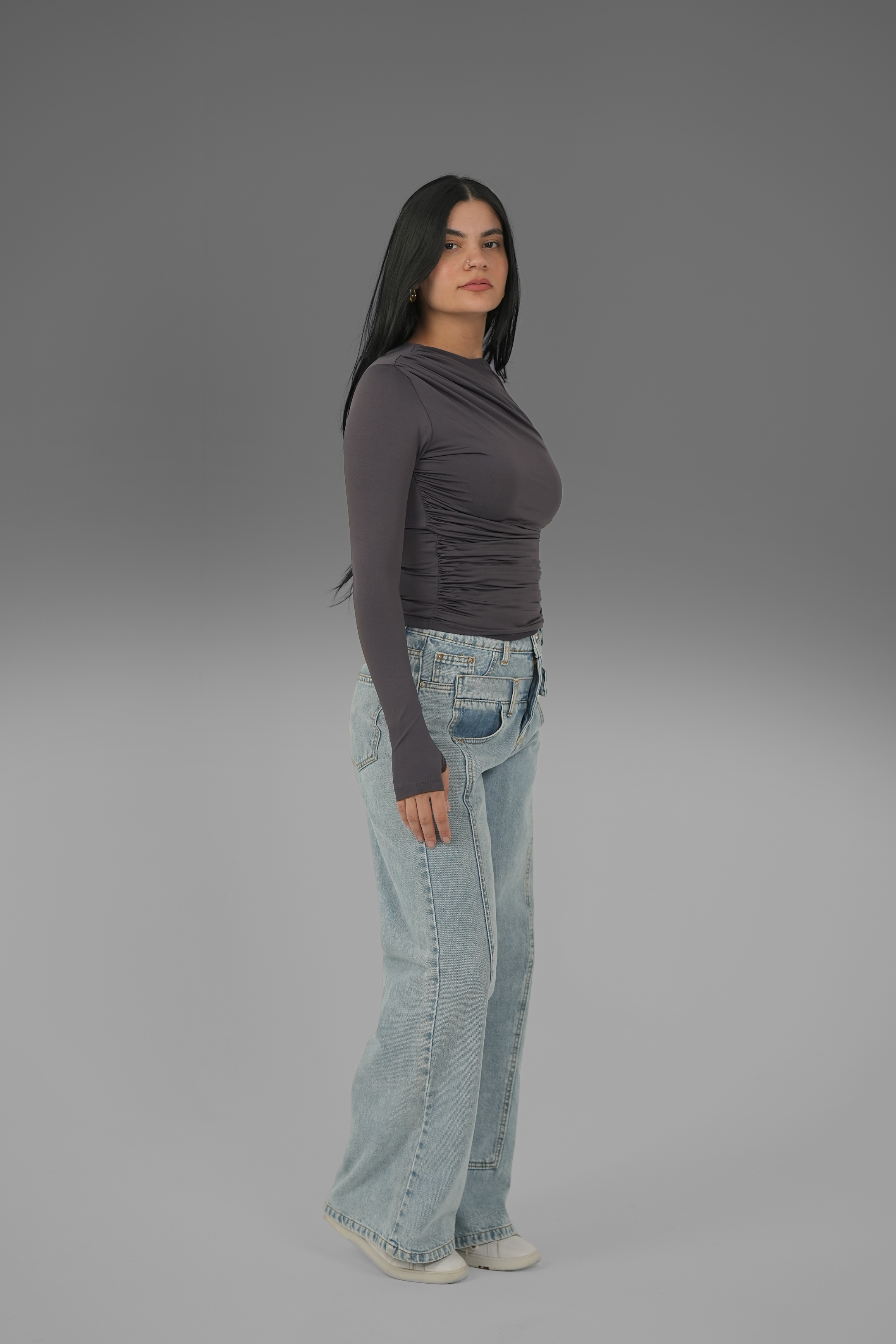 Women’s Charcoal Draped Long Sleeve Top with Thumbhole – Lightweight Soft Stretch Basic, Made in Egypt