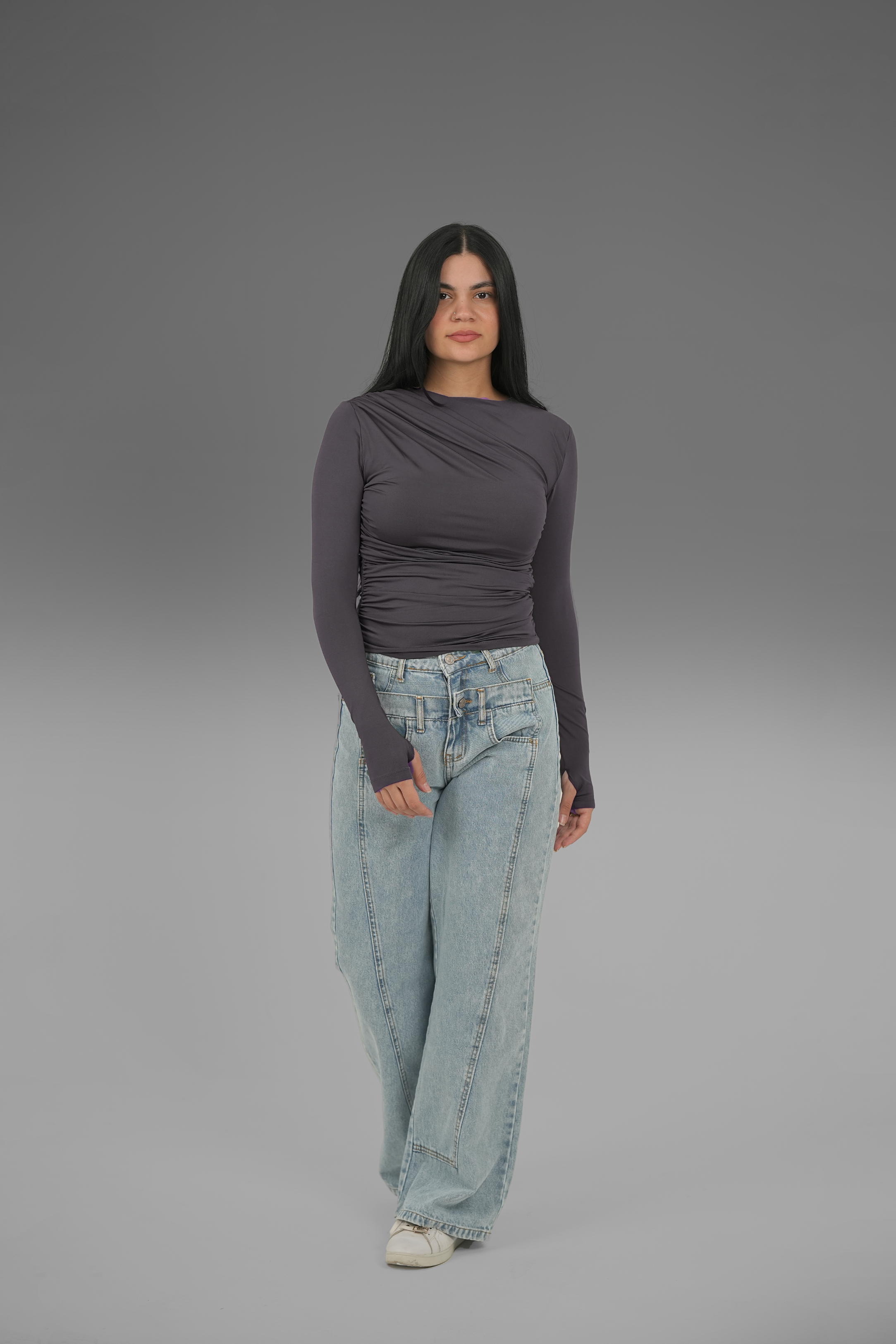 Women’s Charcoal Draped Long Sleeve Top with Thumbhole – Lightweight Soft Stretch Basic, Made in Egypt
