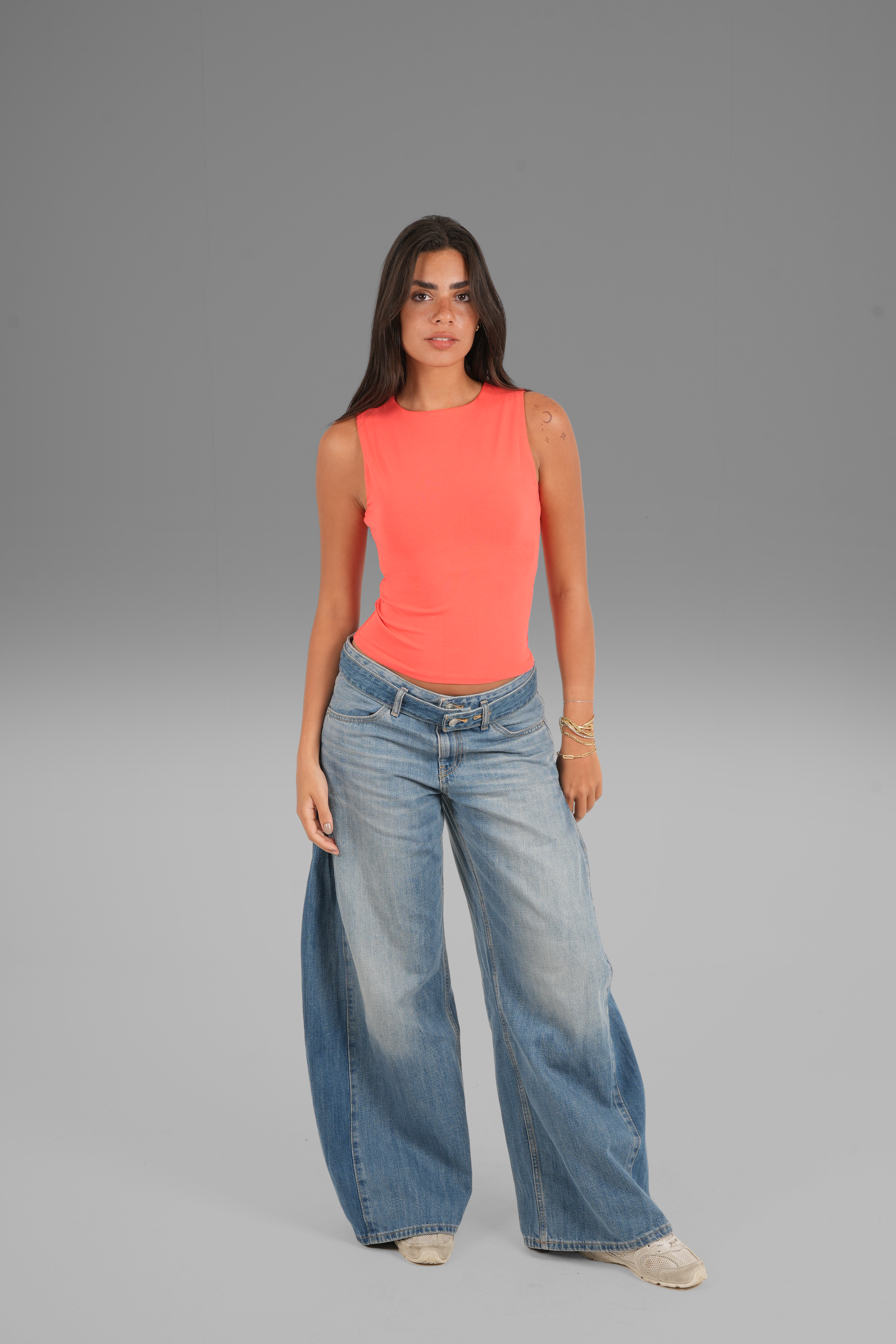 Cotton High Round Neck Tank Top - Red Orange
