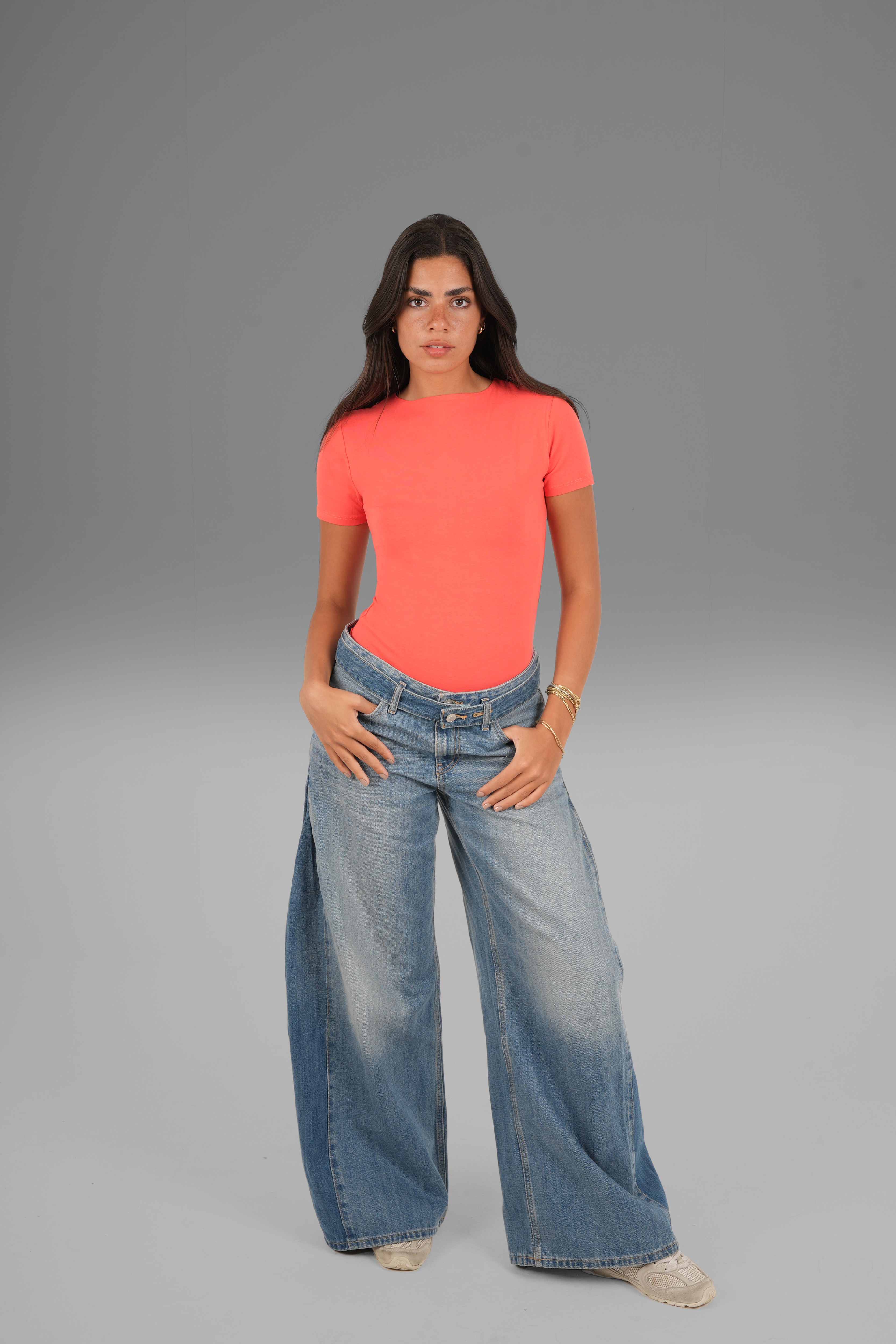 Cotton High Round Neck Short Sleeve Top - Red Orange
