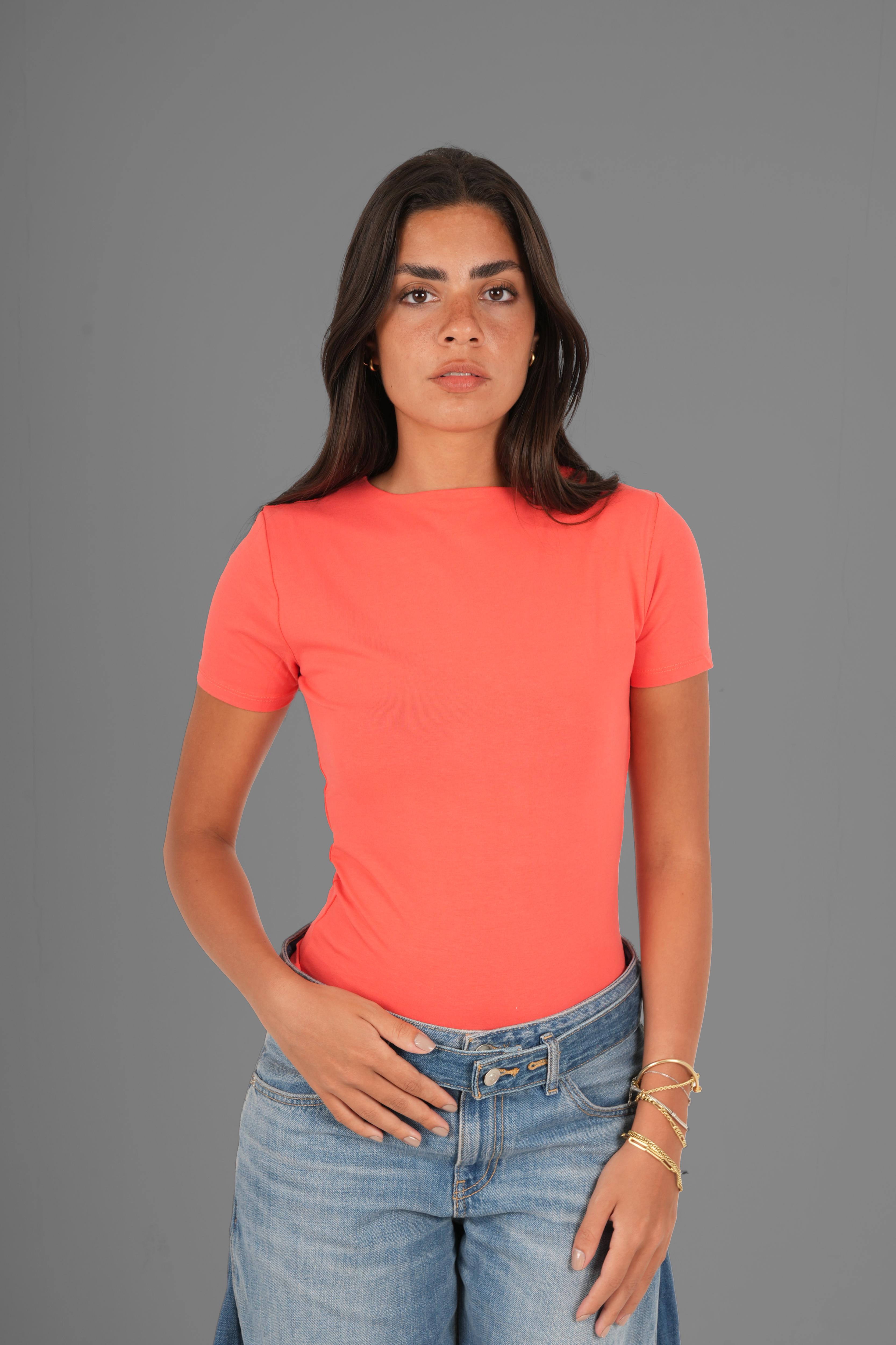 Cotton High Round Neck Short Sleeve Top - Red Orange