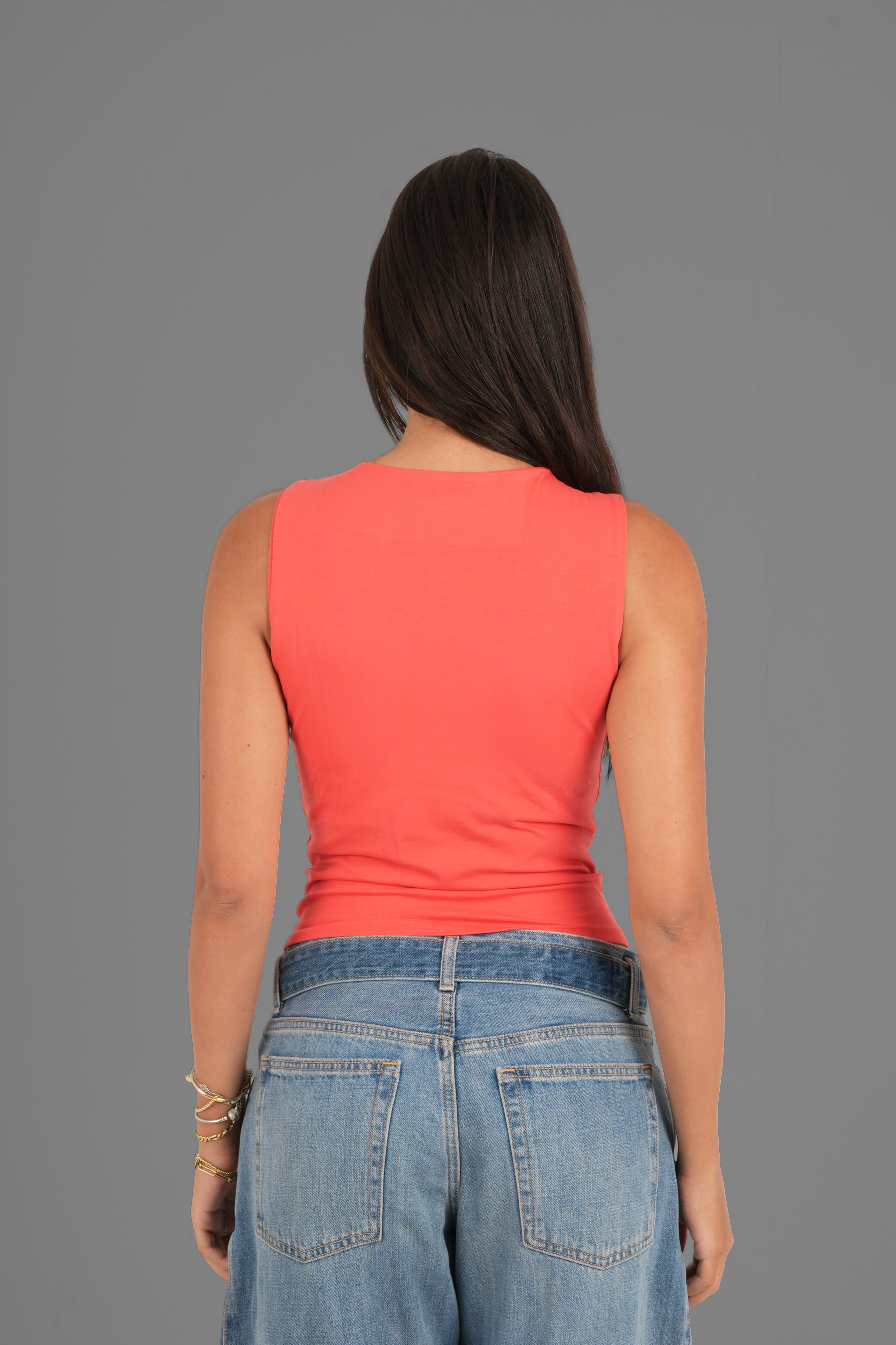 Cotton High Round Neck Tank Top - Red Orange