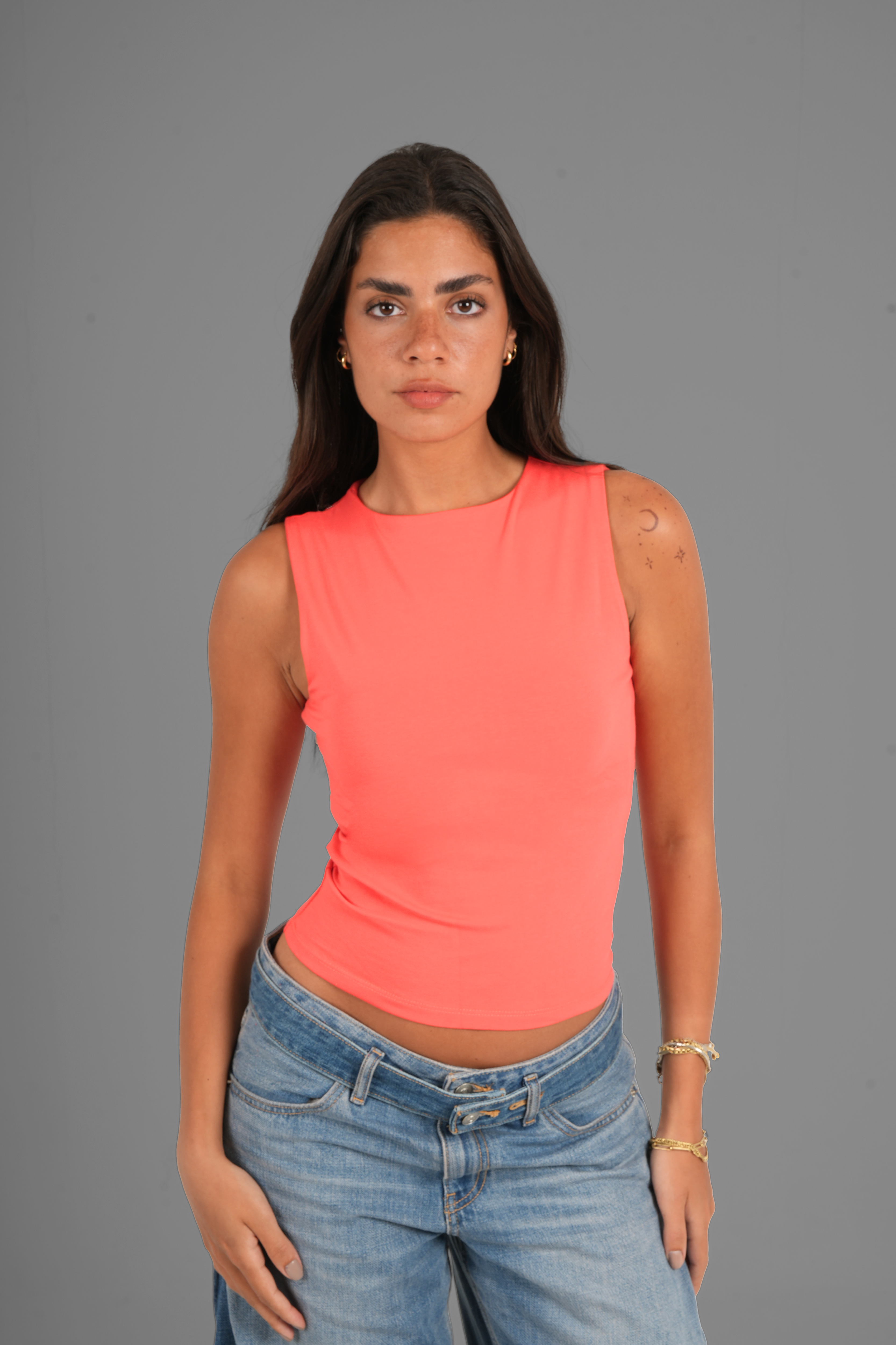 Cotton High Round Neck Tank Top - Red Orange