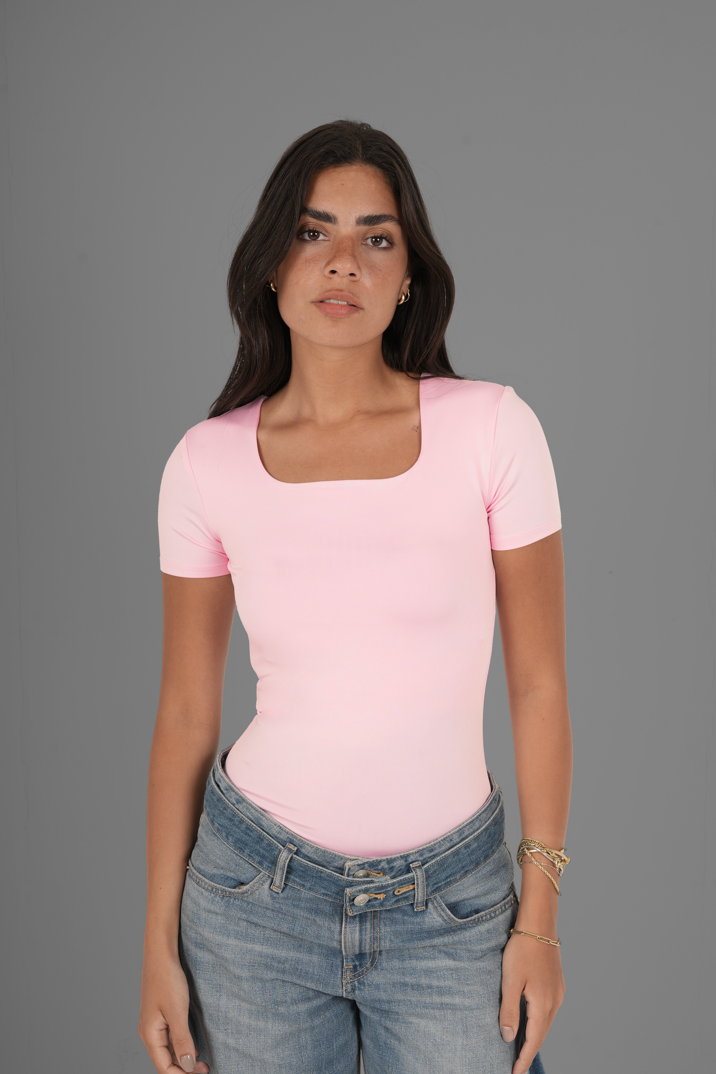 Square-Neck Short Sleeve Top - Rose