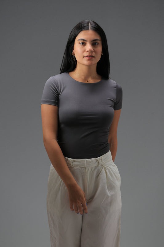 Charcoal Classic Low Neck Short Sleeve Top