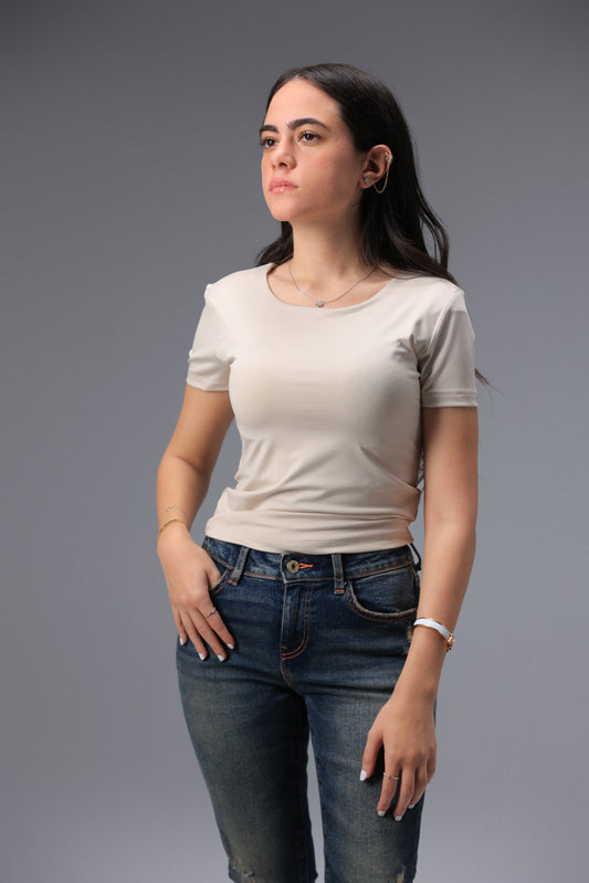 Beige Classic Low Neck Short Sleeve Top