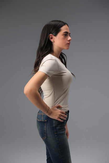 Beige Classic Low Neck Short Sleeve Top