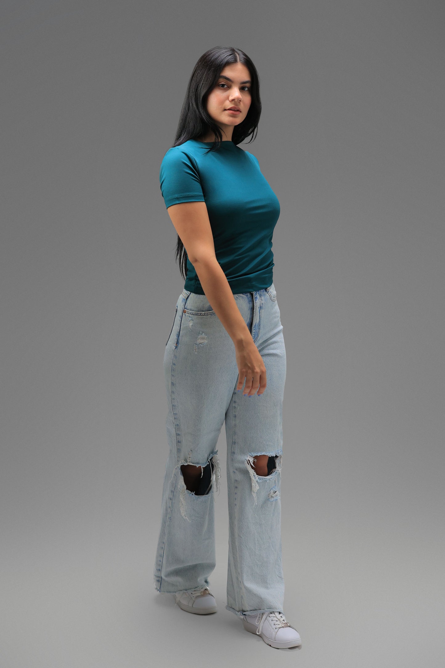 Teal High Neck Short Sleeve Top