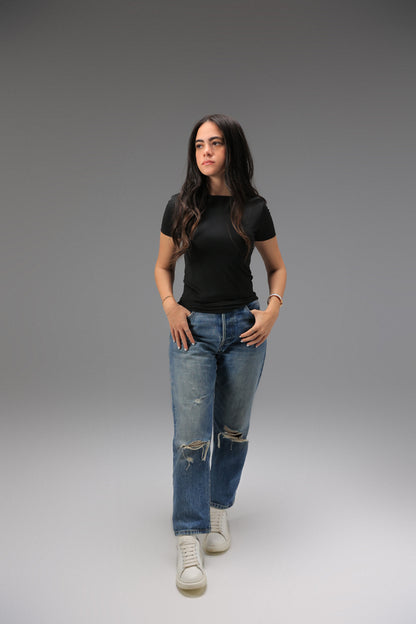 Black High Neck Short Sleeve Top