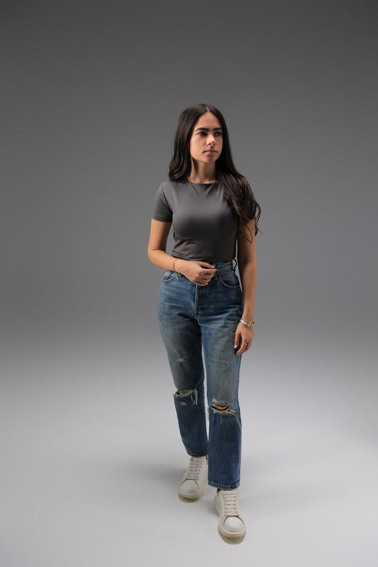 Charcoal High Neck Short Sleeve Top