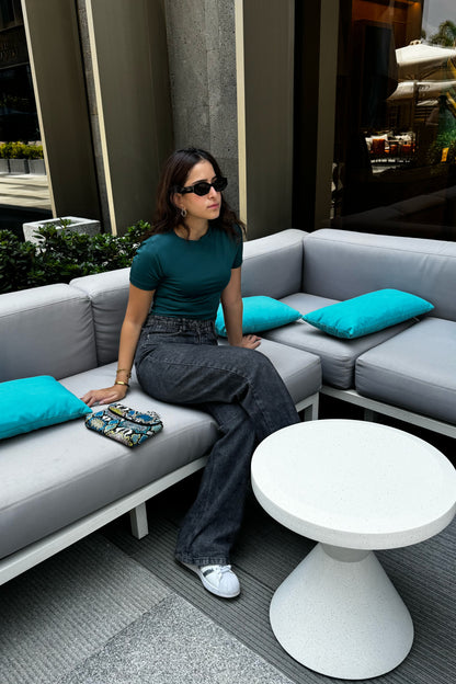 Teal High Neck Short Sleeve Top