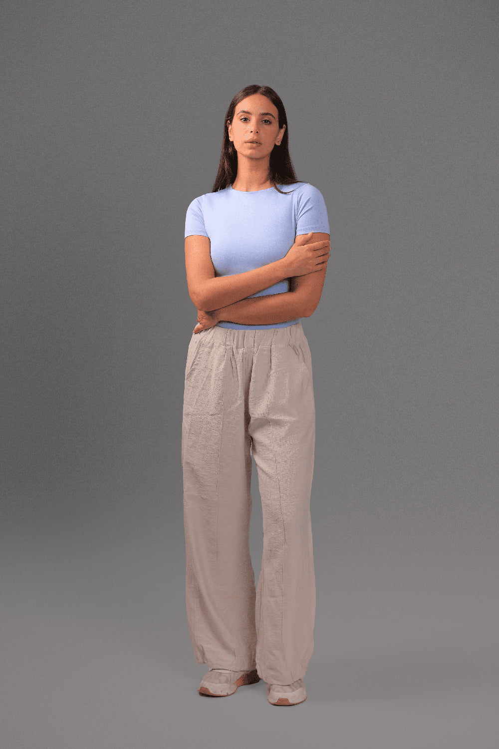 Women’s Baby Blue Essential Crewneck Short Sleeve Top – Lightweight Soft Stretch Basic, Made in Egypt