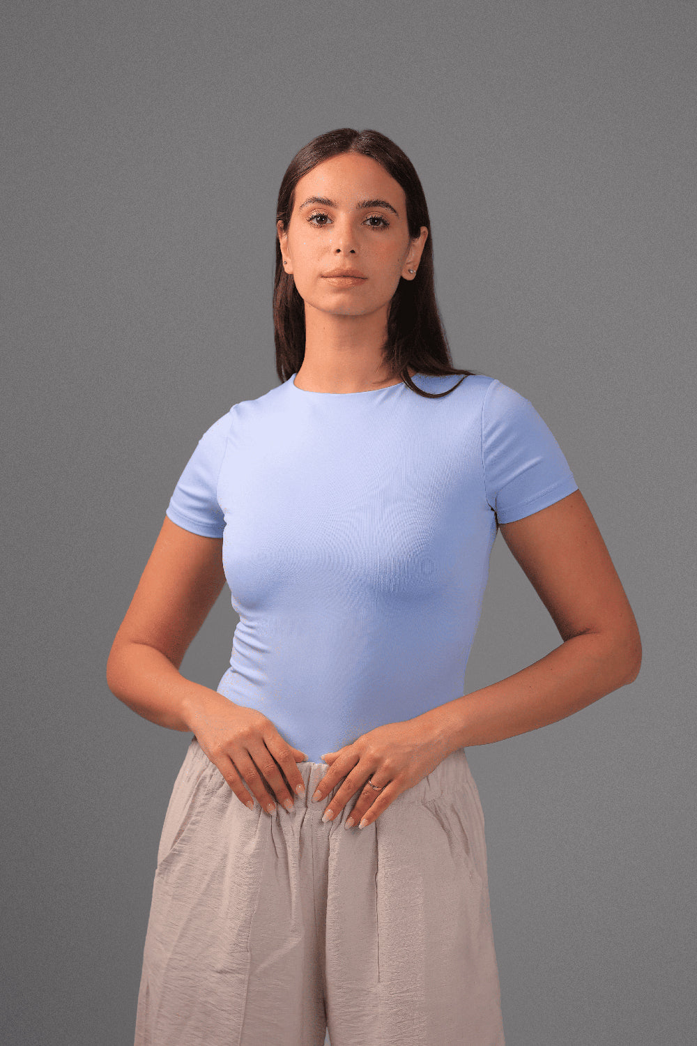 Women’s Baby Blue Essential Crewneck Short Sleeve Top – Lightweight Soft Stretch Basic, Made in Egypt