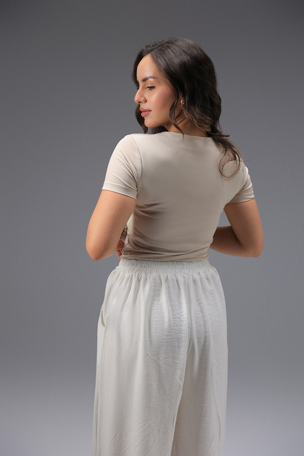 Women’s Beige Essential Crewneck Short Sleeve Top – Lightweight Soft Stretch Basic, Made in Egypt