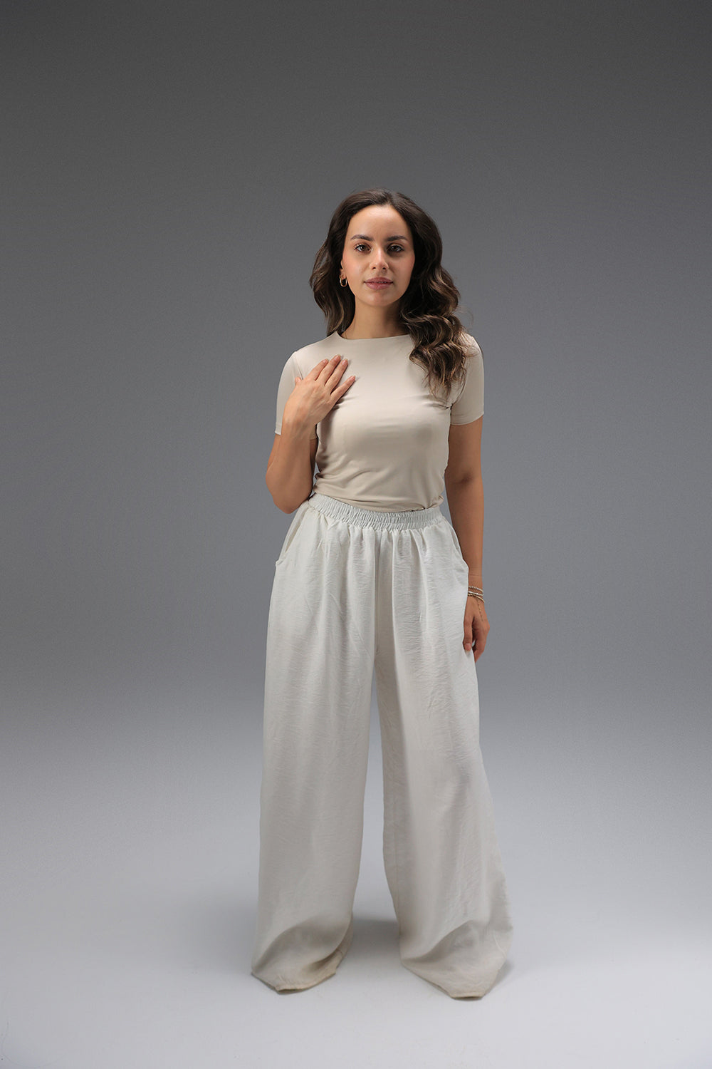 Women’s Beige Essential Crewneck Short Sleeve Top – Lightweight Soft Stretch Basic, Made in Egypt