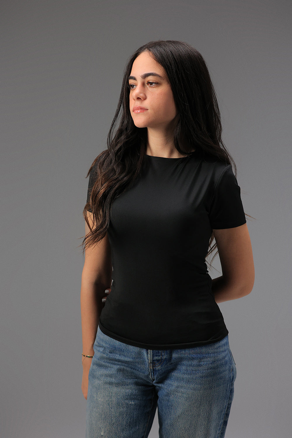 Women’s Black Essential Crewneck Short Sleeve Top – Lightweight Soft Stretch Basic, Made in Egypt