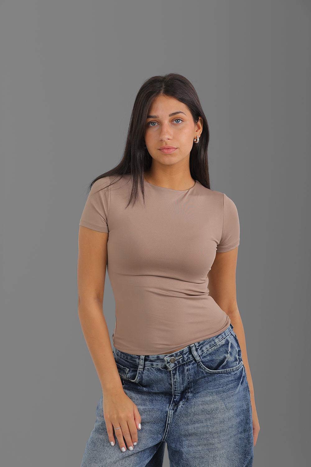 Women’s Café Essential Crewneck Short Sleeve Top – Lightweight Soft Stretch Basic, Made in Egypt